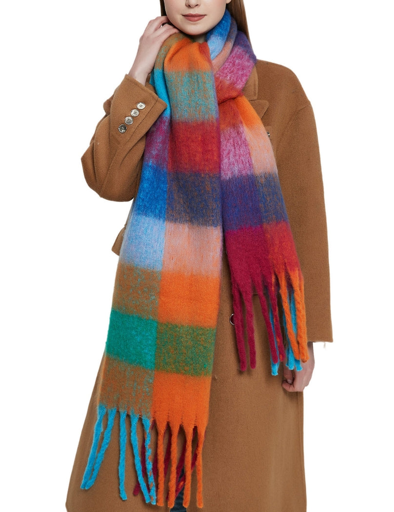 Dipped Shop Colorful Plaid Tassel Scarf in C29 Orange Green Blue Multi