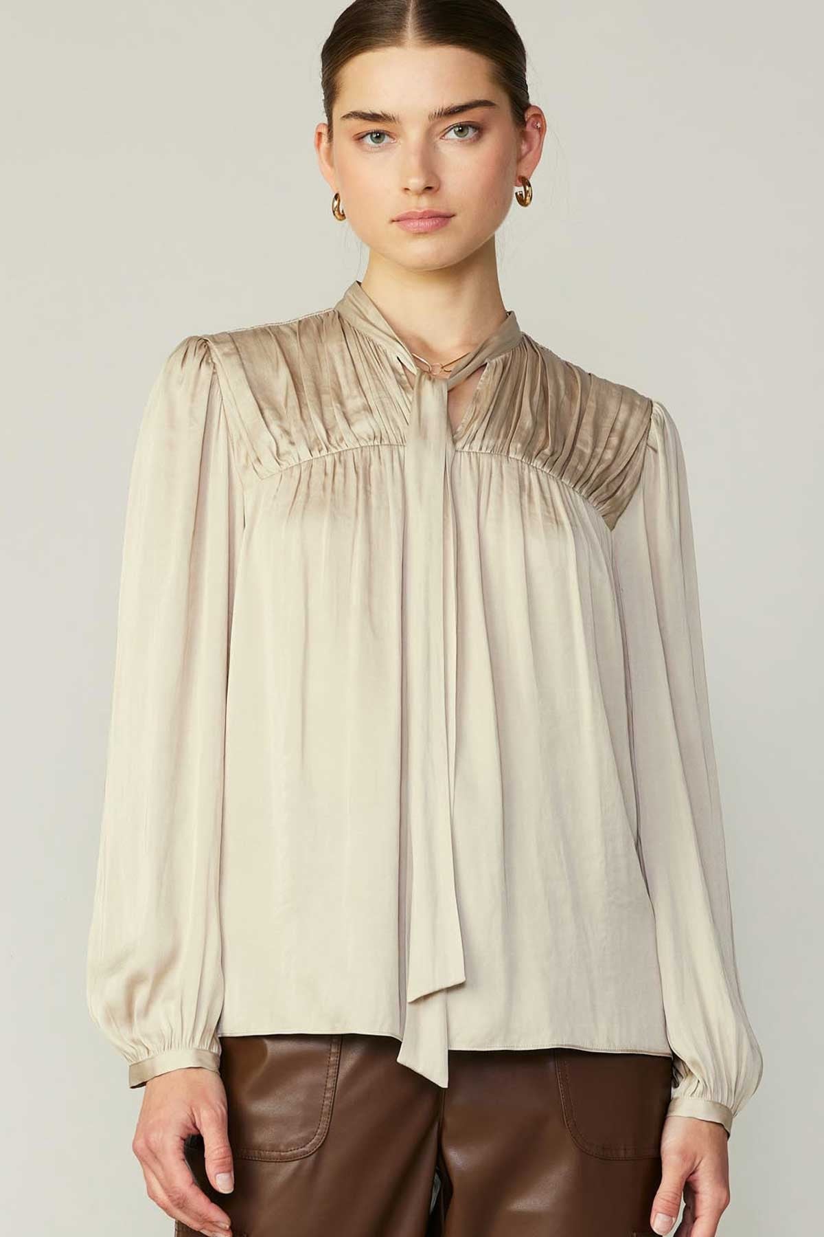 NYLAND Tobi V-Neck Pleated Blouse with Self Tie in Ecru