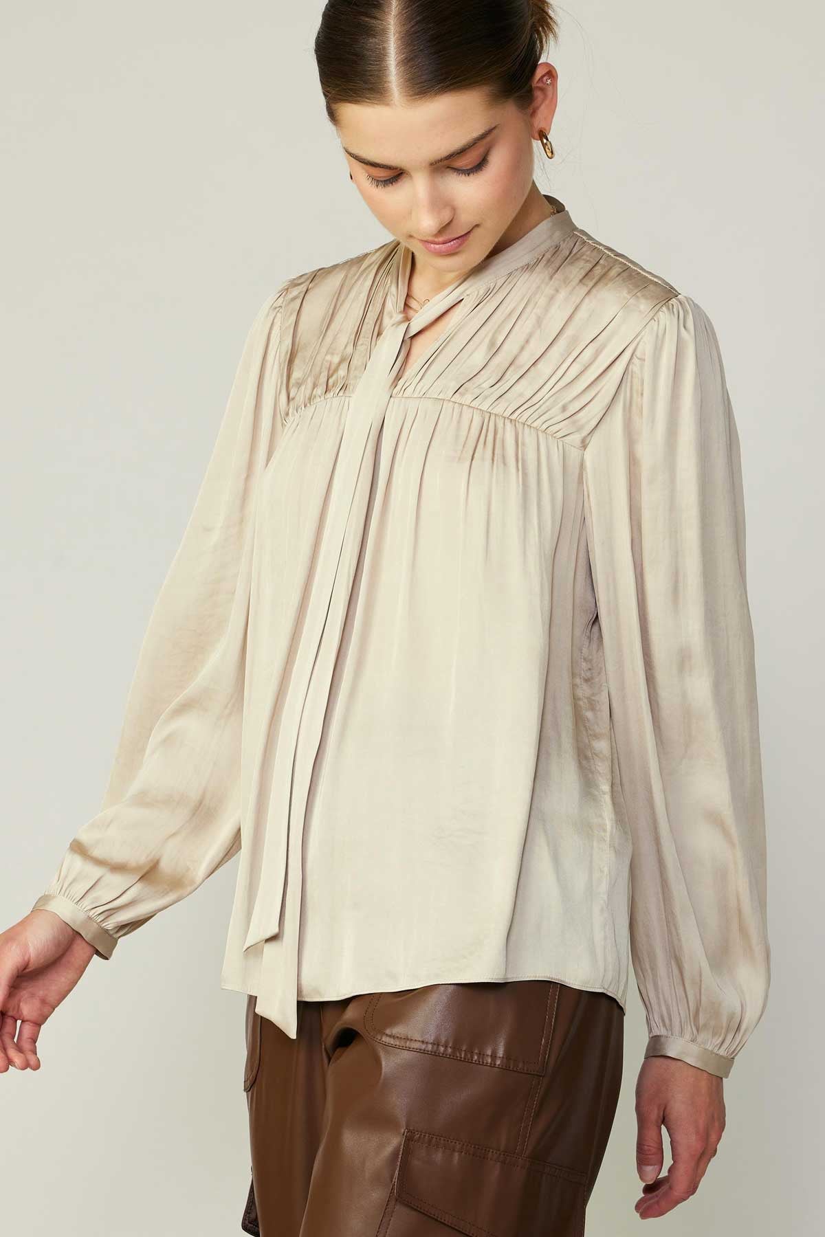 NYLAND Tobi V-Neck Pleated Blouse with Self Tie