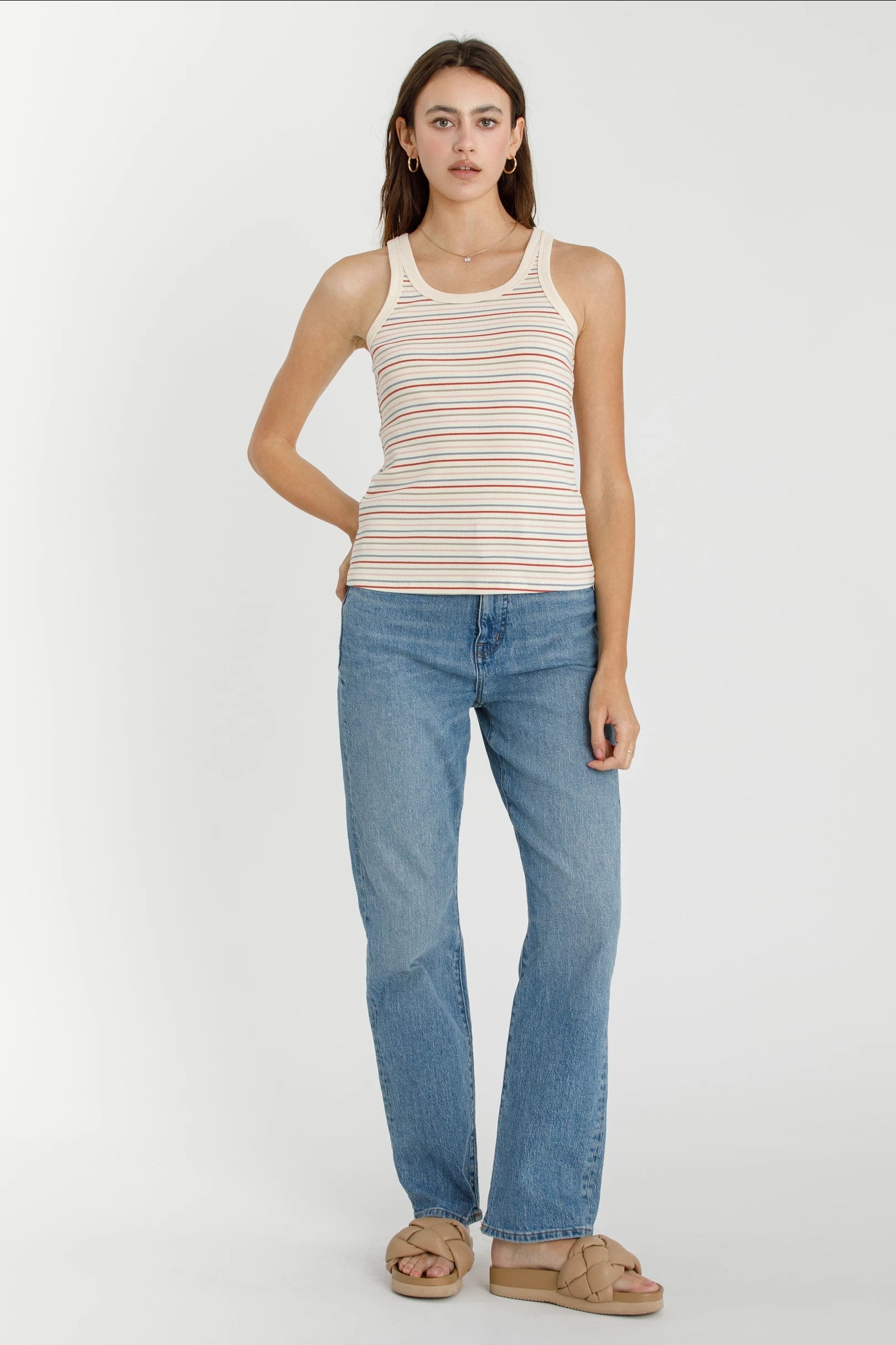 NYLAND Beverly Ribbed Multi Striped Tank Top Red Multi
