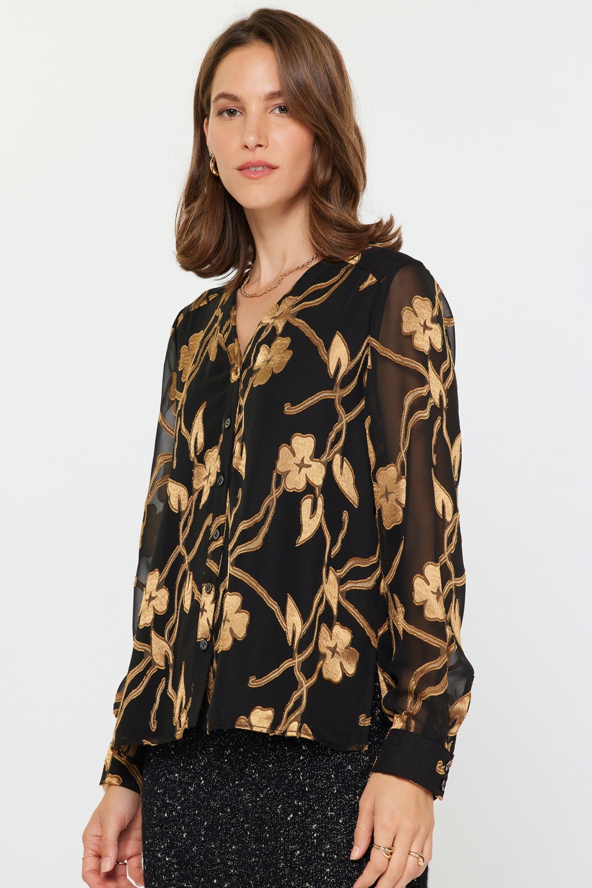 NYLAND Ginny Floral Jacquard Button Down Top in Black/Gold