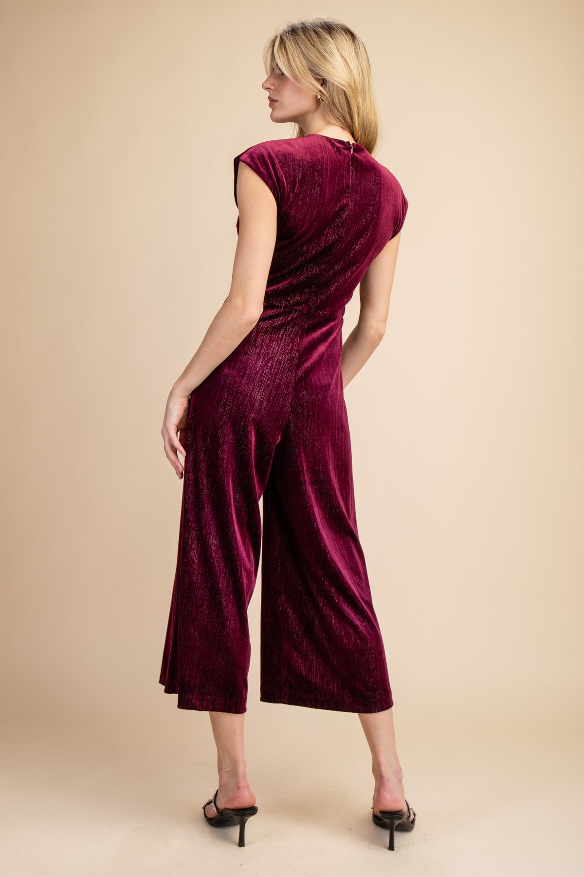 NYLAND Claudine Round Neck Waist Pleats Velvet Jumpsuit