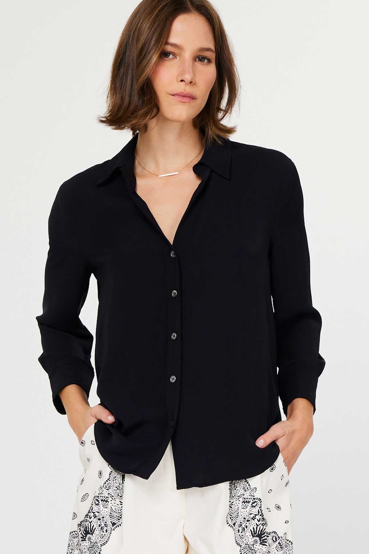 NYLAND Emersyn 3/4 Sleeve Button Down Shirt in Black