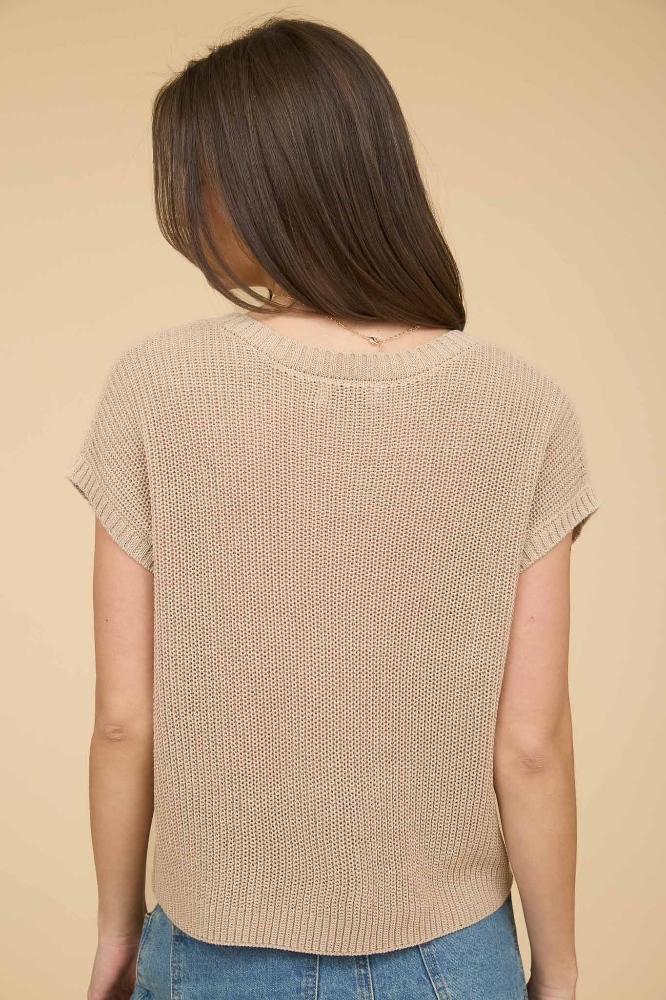 Gild Morgana Crew Neck Short Sleeve Crochet Knit Pullover Taupe