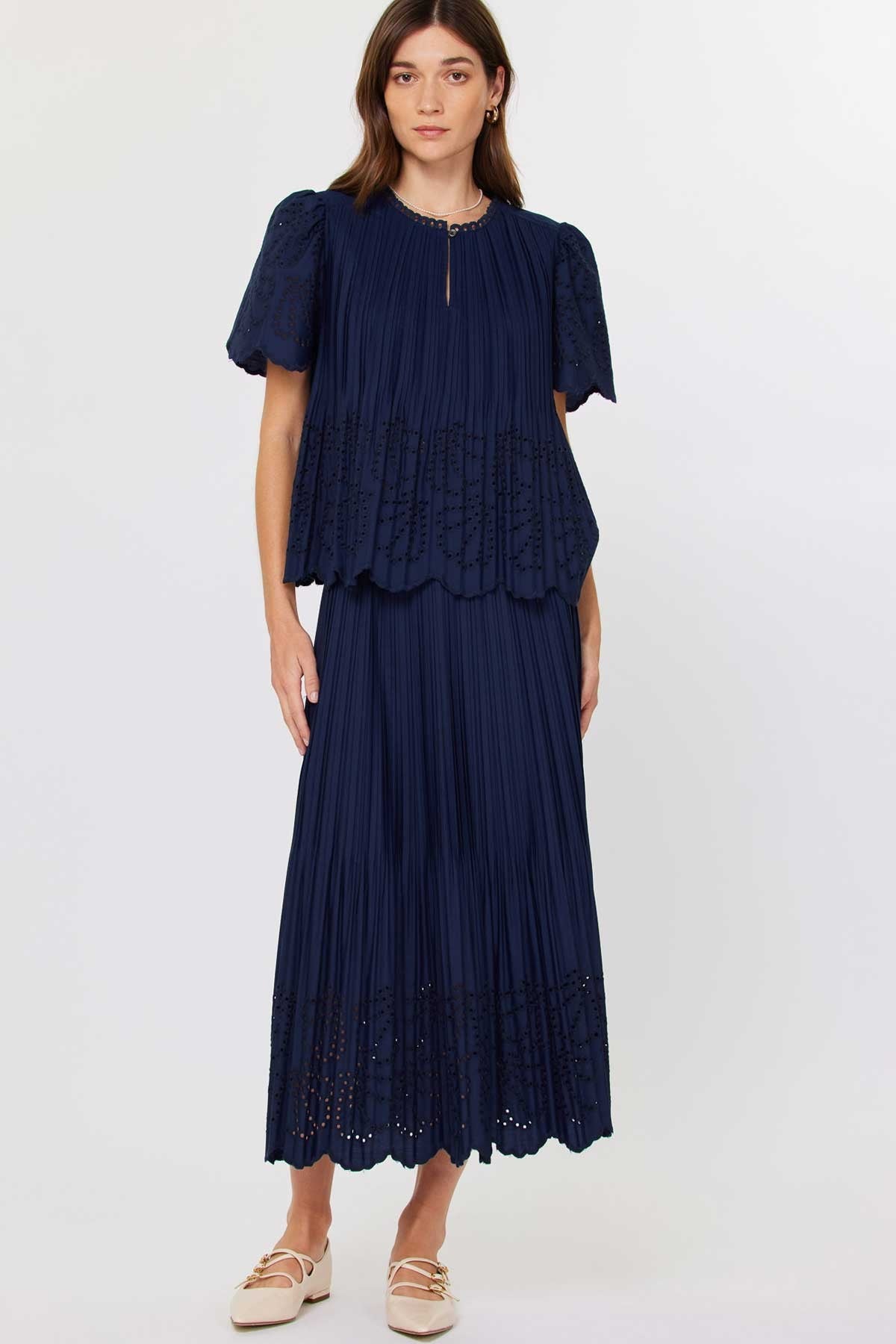 Gild Manon Pleated Eyelet Midi Skirt