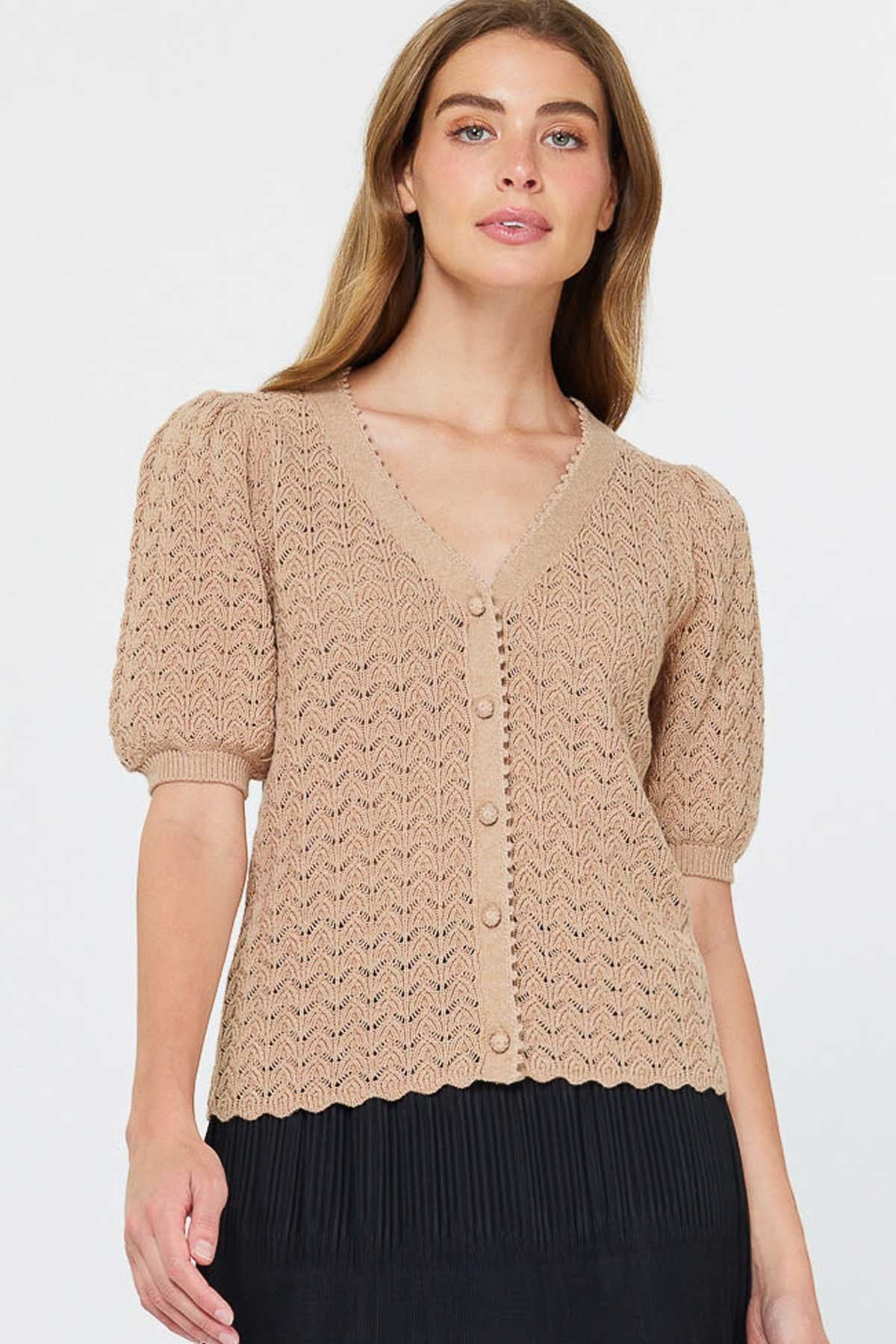 NYLAND Josette V-Neck Scalloped Cardigan Sweater Taupe
