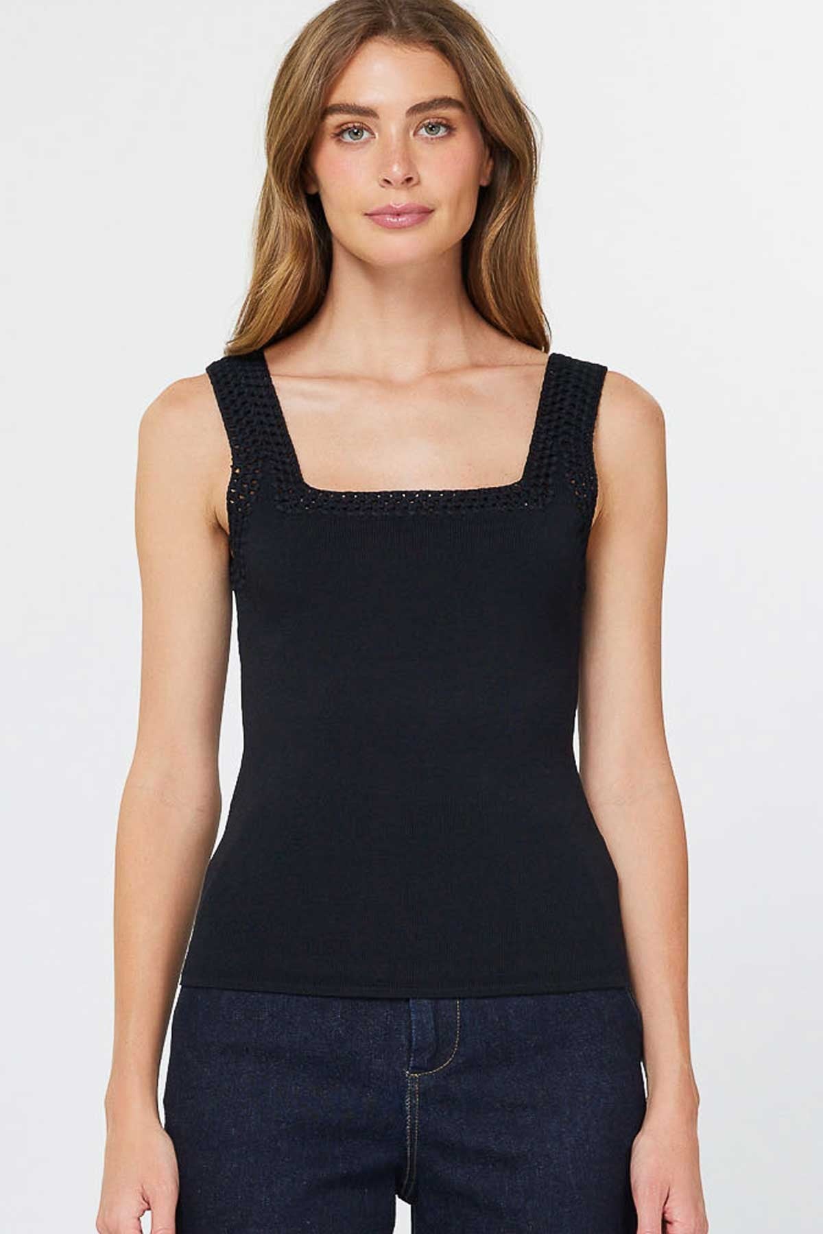 NYLAND Monet Square Neck Sweater Tank Top w/ Crochet Detail Black
