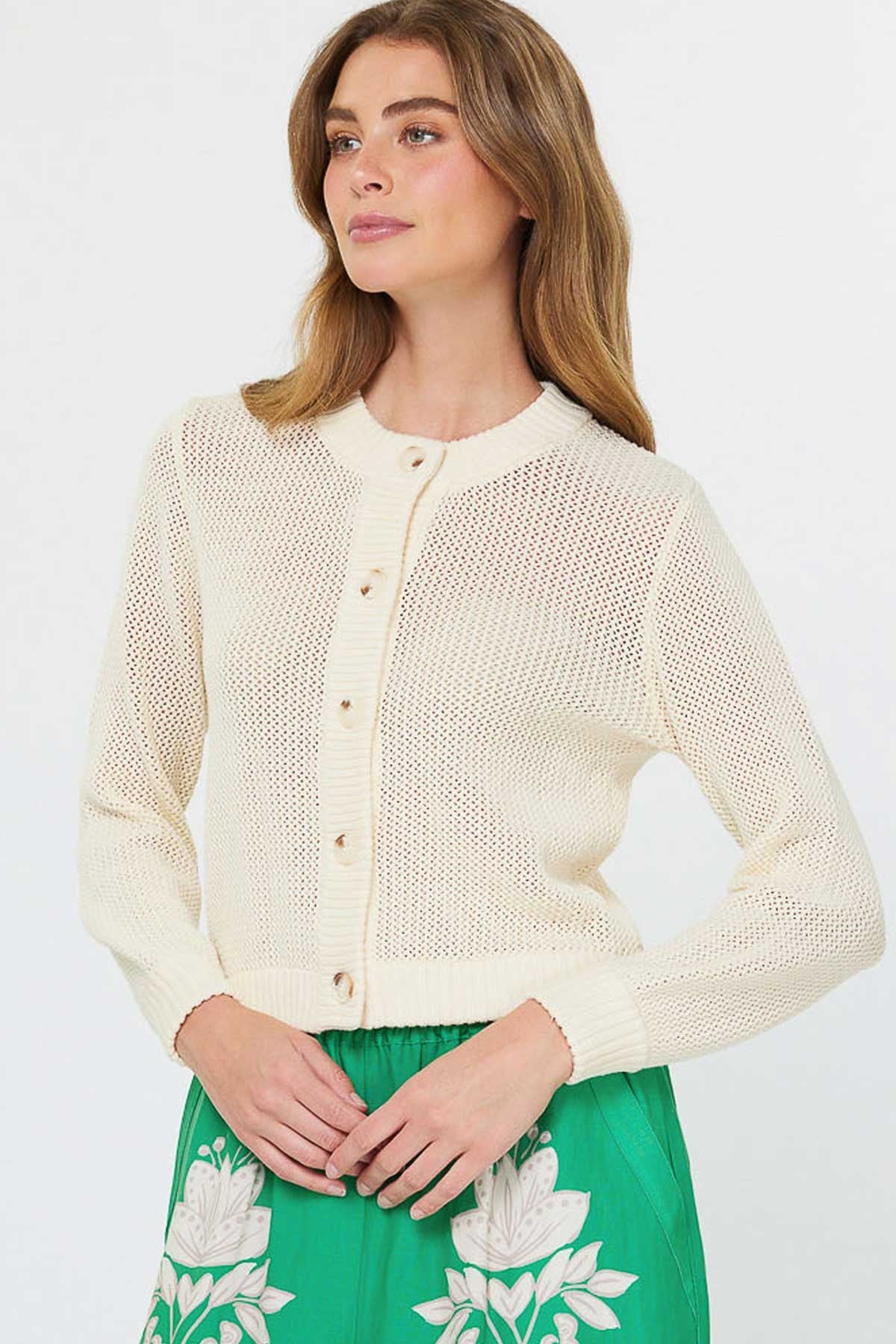 NYLAND Evaine Long Sleeve 5-Button Cardigan Ivory