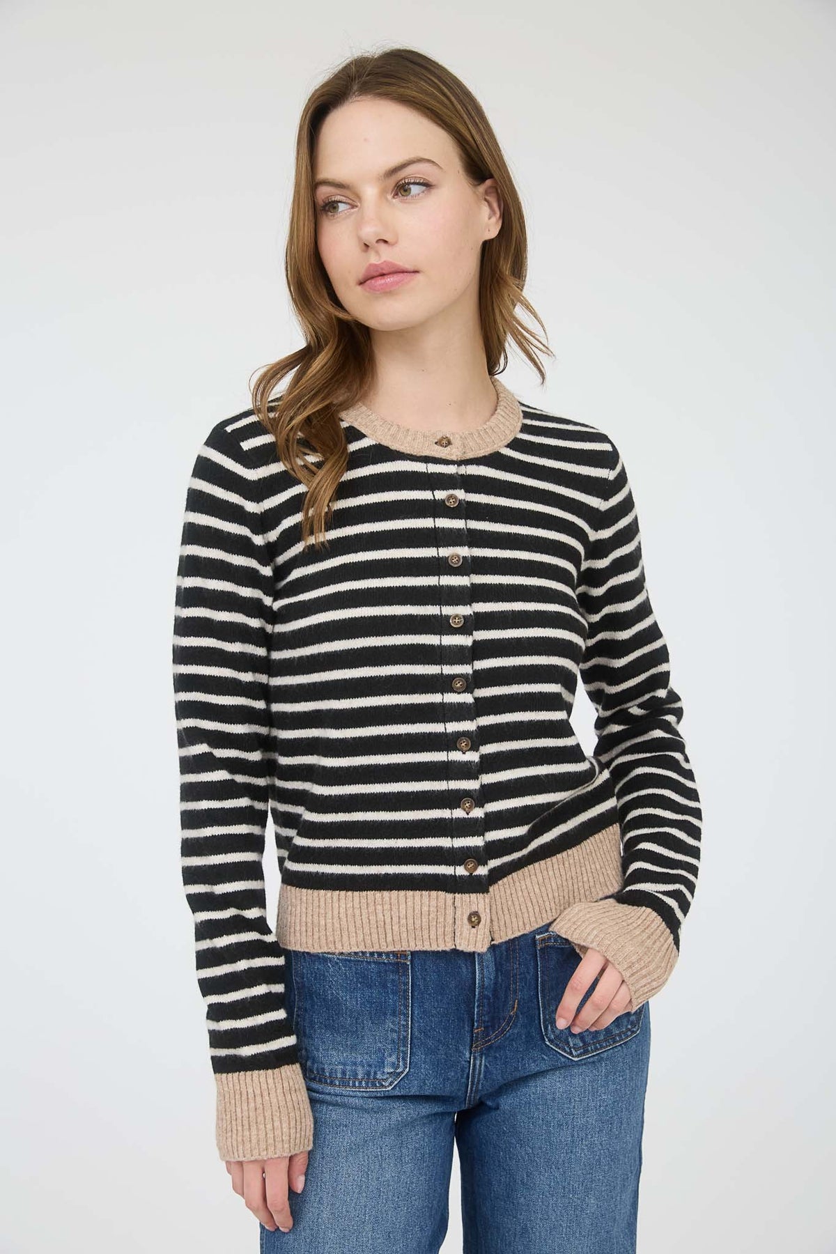NYLAND Eisley Stripe Colorblock Trim Knit Cardigan in Black