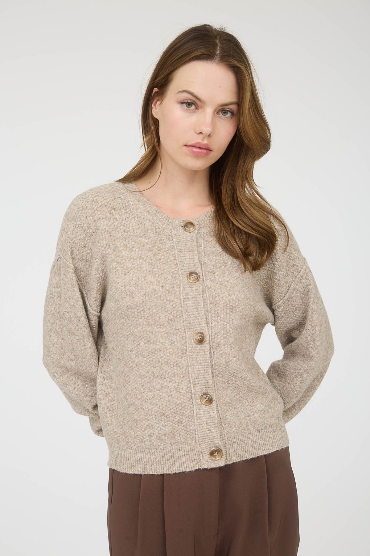 NYLAND Lilith Ribbed Trim Button Down Long Sleeve Knit Cardigan