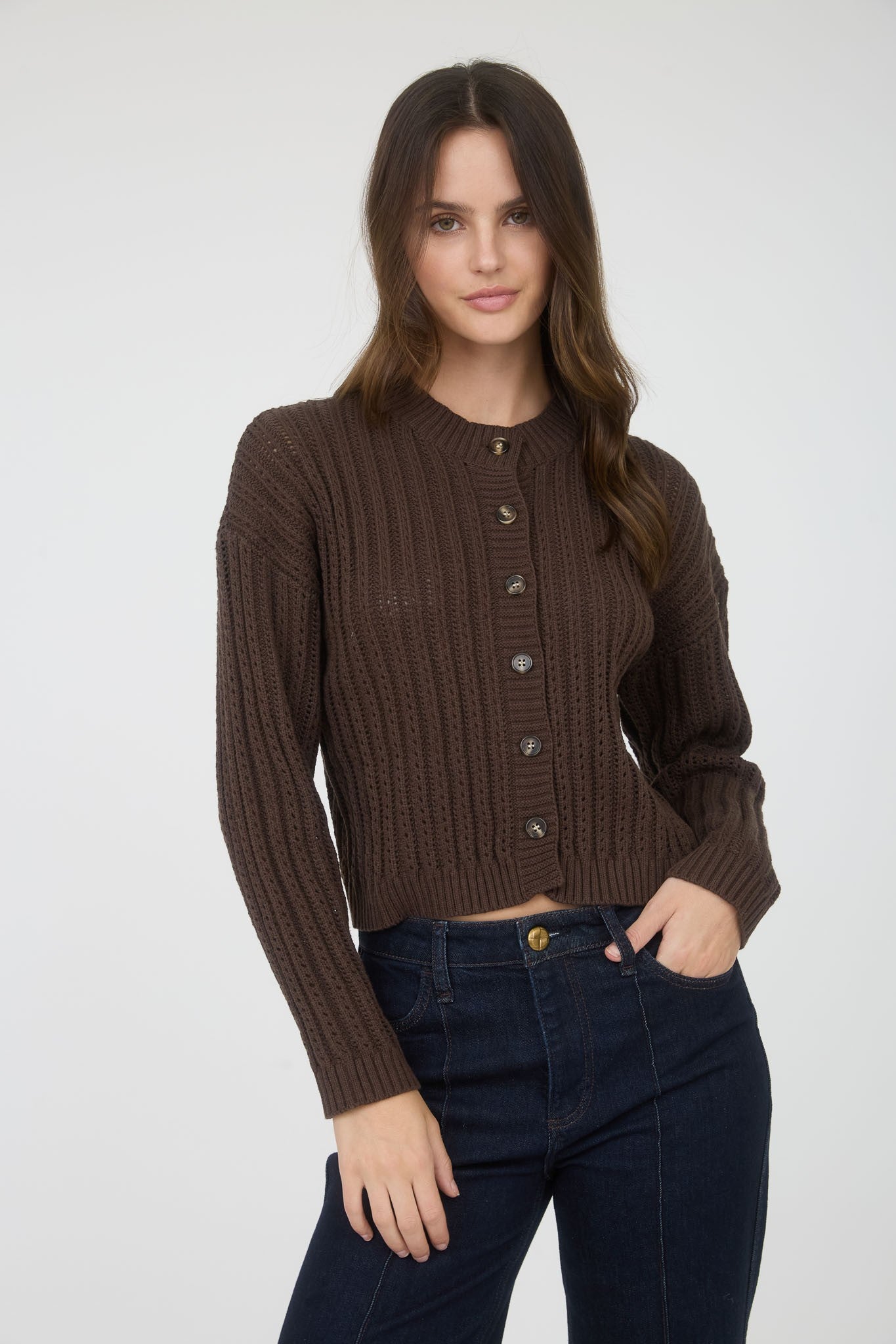 NYLAND Lugenia Round Neck Button Down Sheer Cable Knit Cardigan