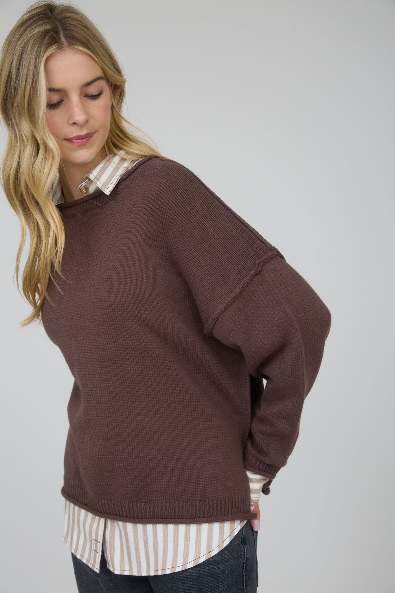 NYLAND Leopoldine Raw Edge Extended Shoulder Long Sleeve Sweater
