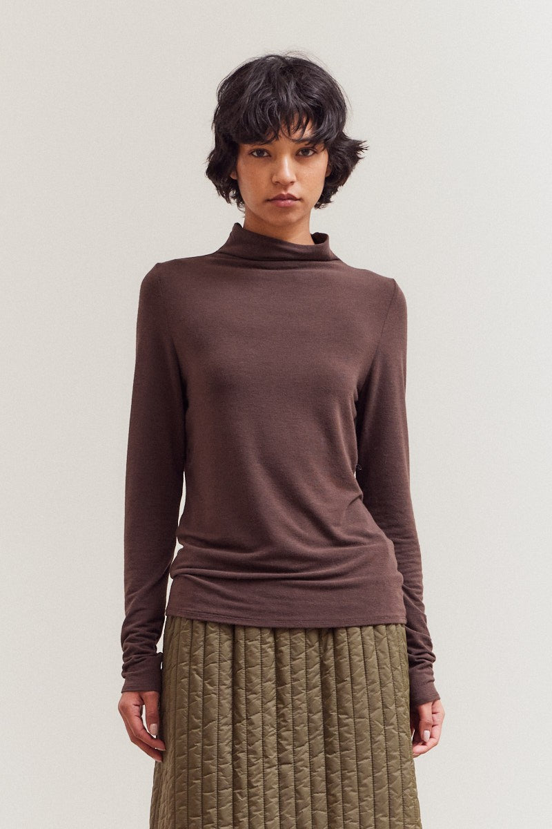 NYLAND Salvatrix Mock Neck Fitted Jersey Top Dark Chocolate
