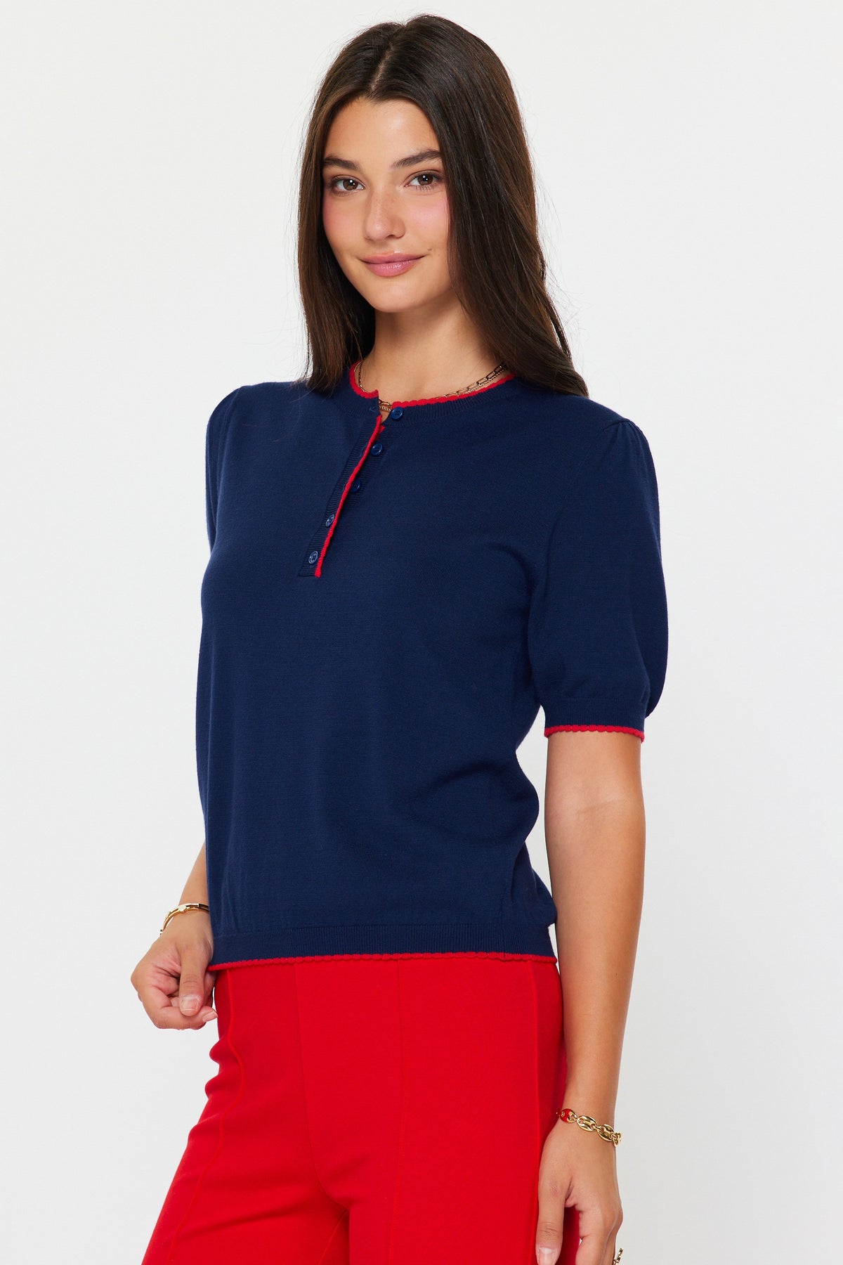 NYLAND Brennan Contrast Edge Detail Buttoned Tee Navy