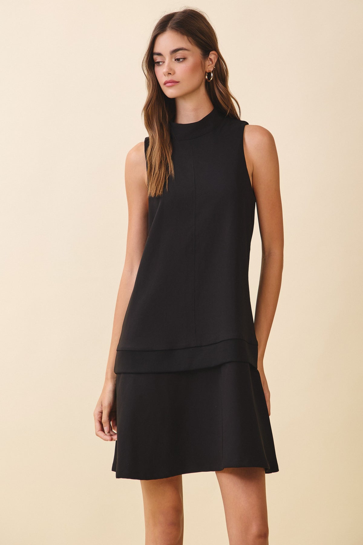 Nyland Amalie Sleeveless Mock Neck Layered Hem Shift Dress Black