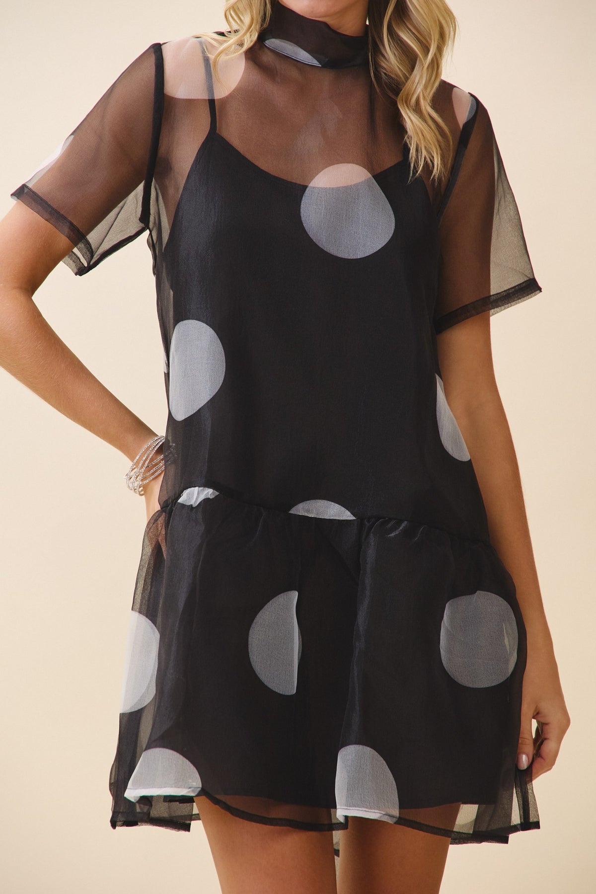 Nyland Giada Sheer Polka Dot High Neckline Self Bow Tie Dress