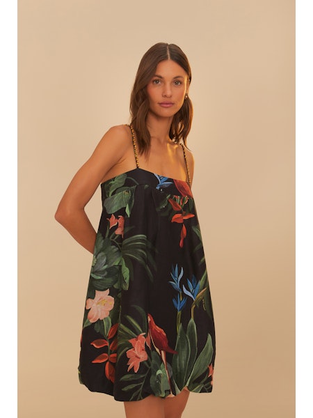 Farm Rio Midnight Macaw Fiesta Black Sleeveless Mini Dress