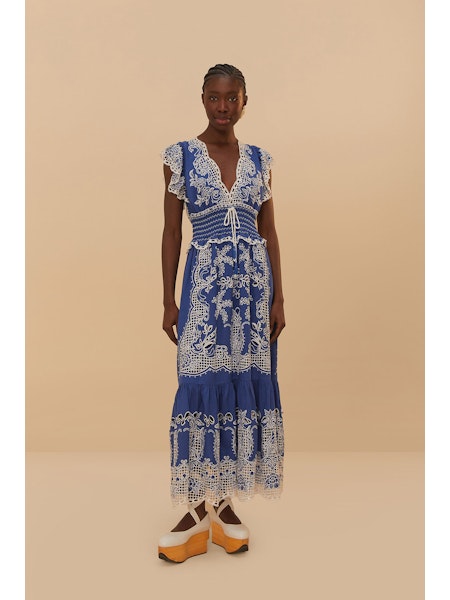 Farm Rio Romantic Richelieu Blue Maxi Dress
