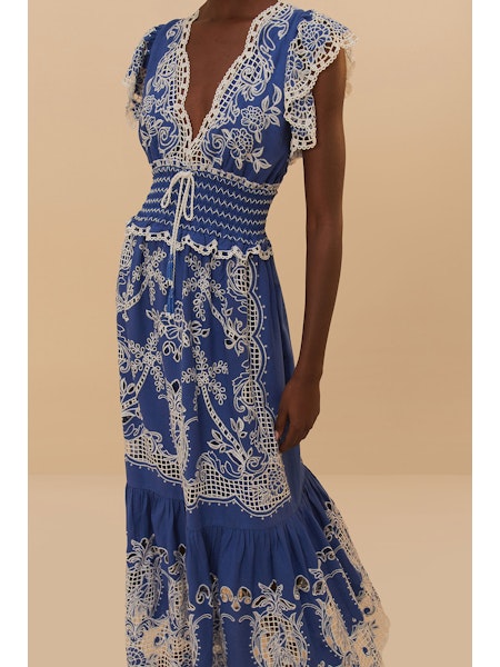 Farm Rio Romantic Richelieu Blue Maxi Dress