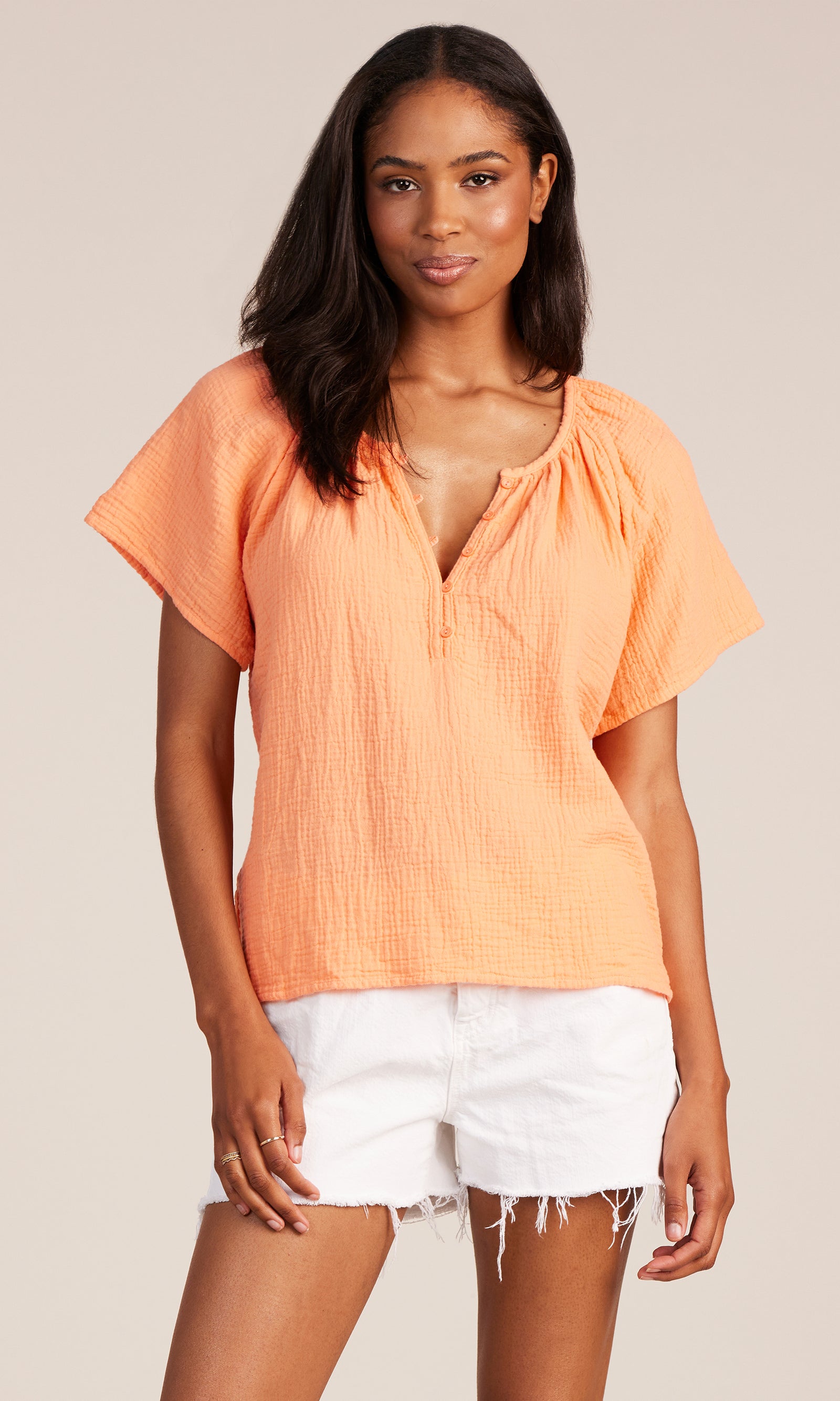 Bobi Shirred S/S Henley Blouse