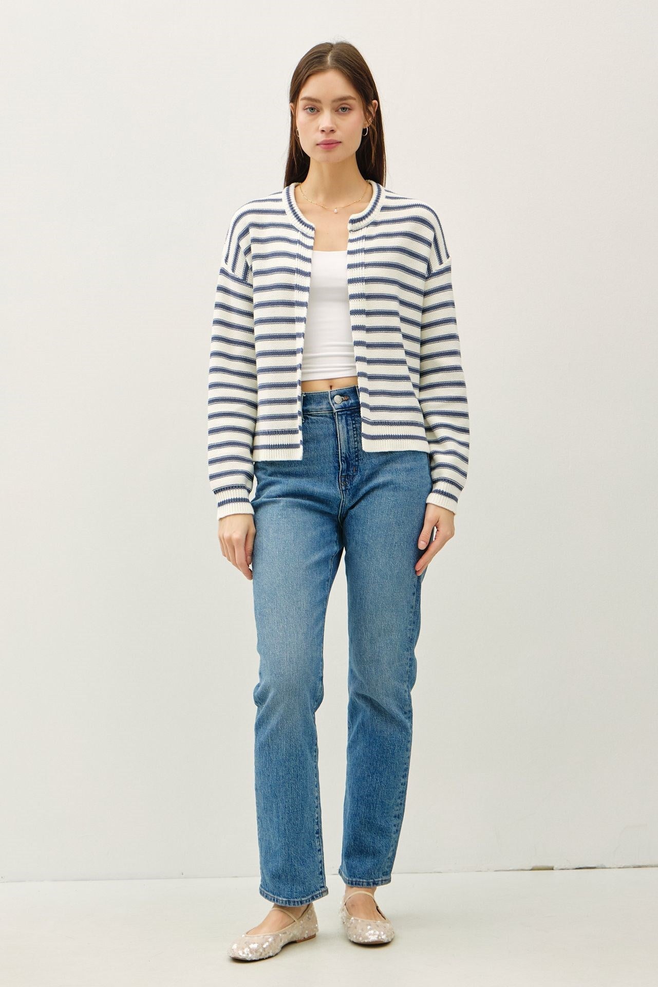 NYLAND Brisa Striped Knit Open Cardigan Denim