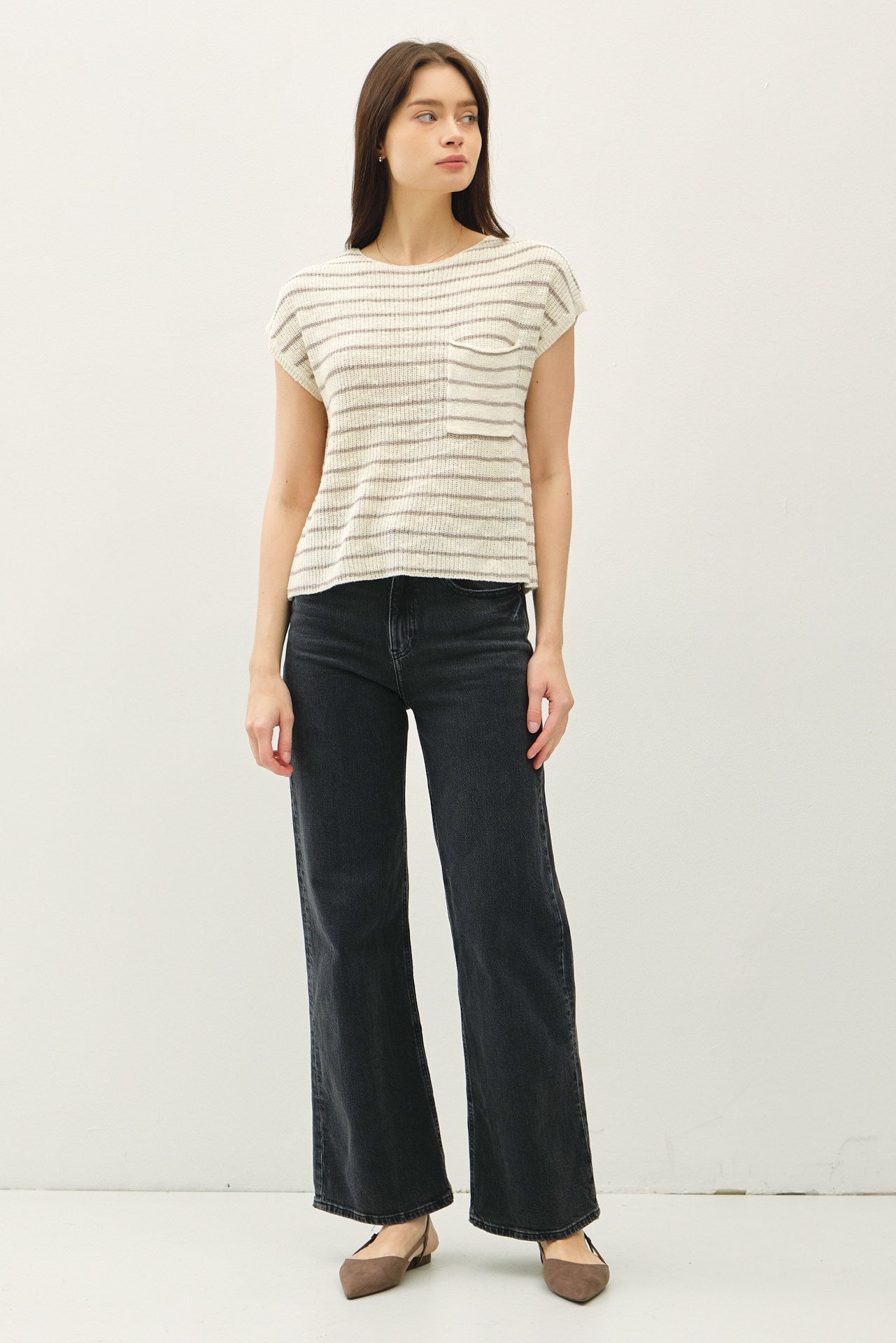NYLAND Everly Striped Cap Sleeve Sweater Top Ivory