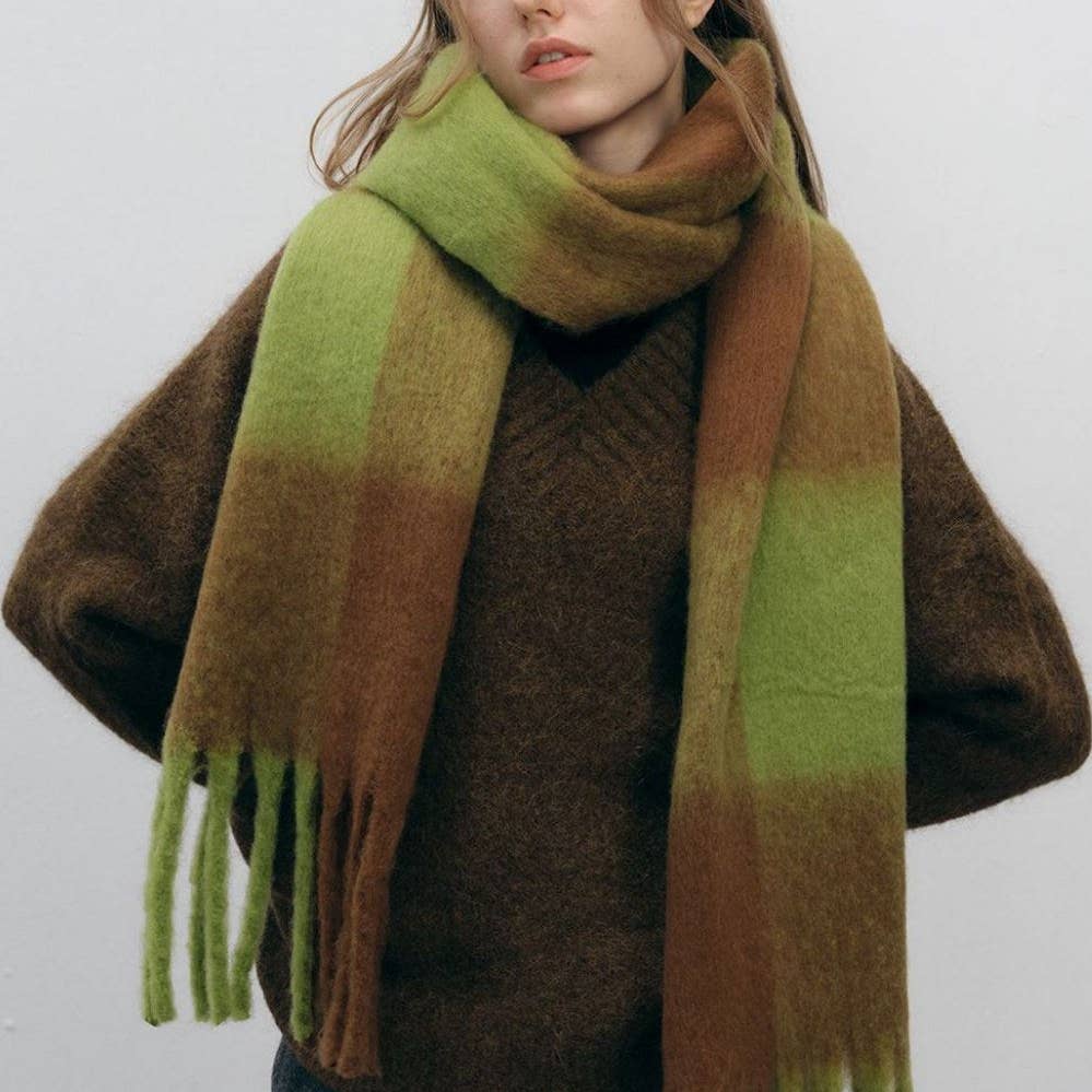 Dipped Shop Plaid Color Block Scarf - C6 Green Brown