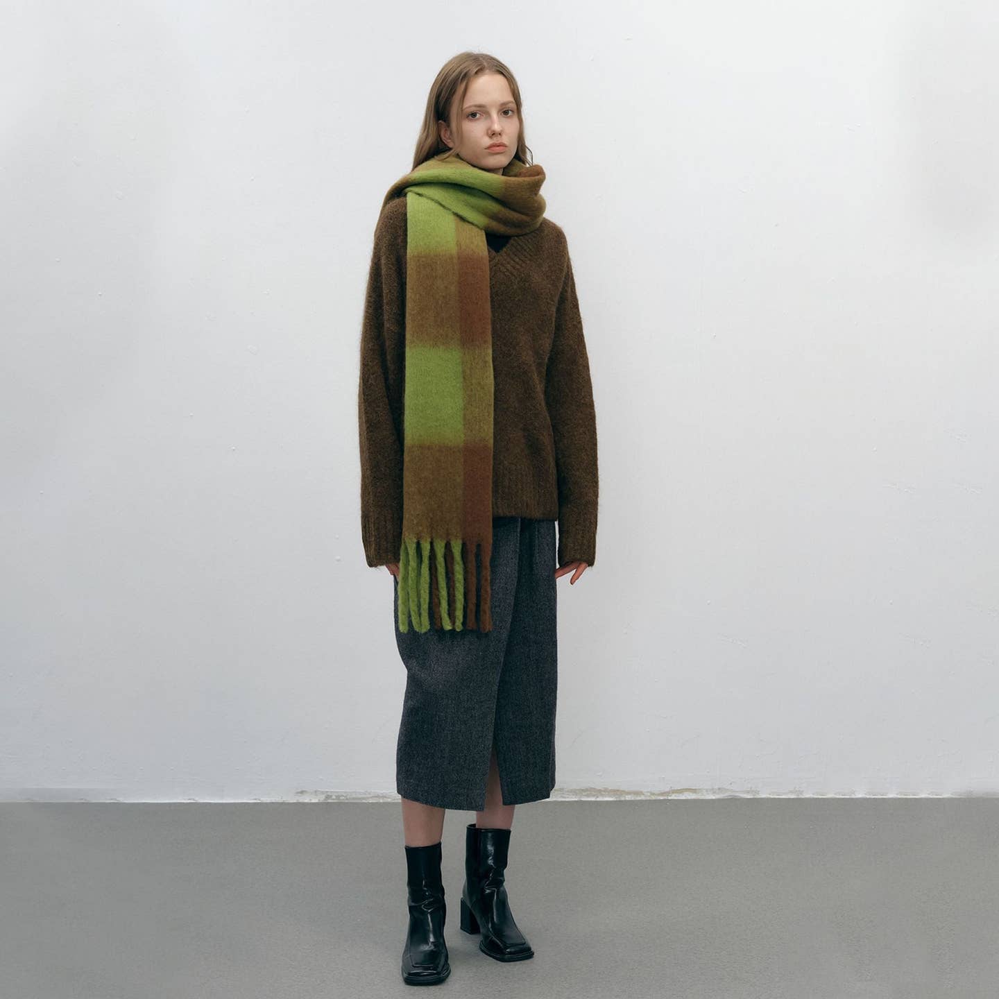 Dipped Shop Plaid Color Block Scarf - C6 Green Brown