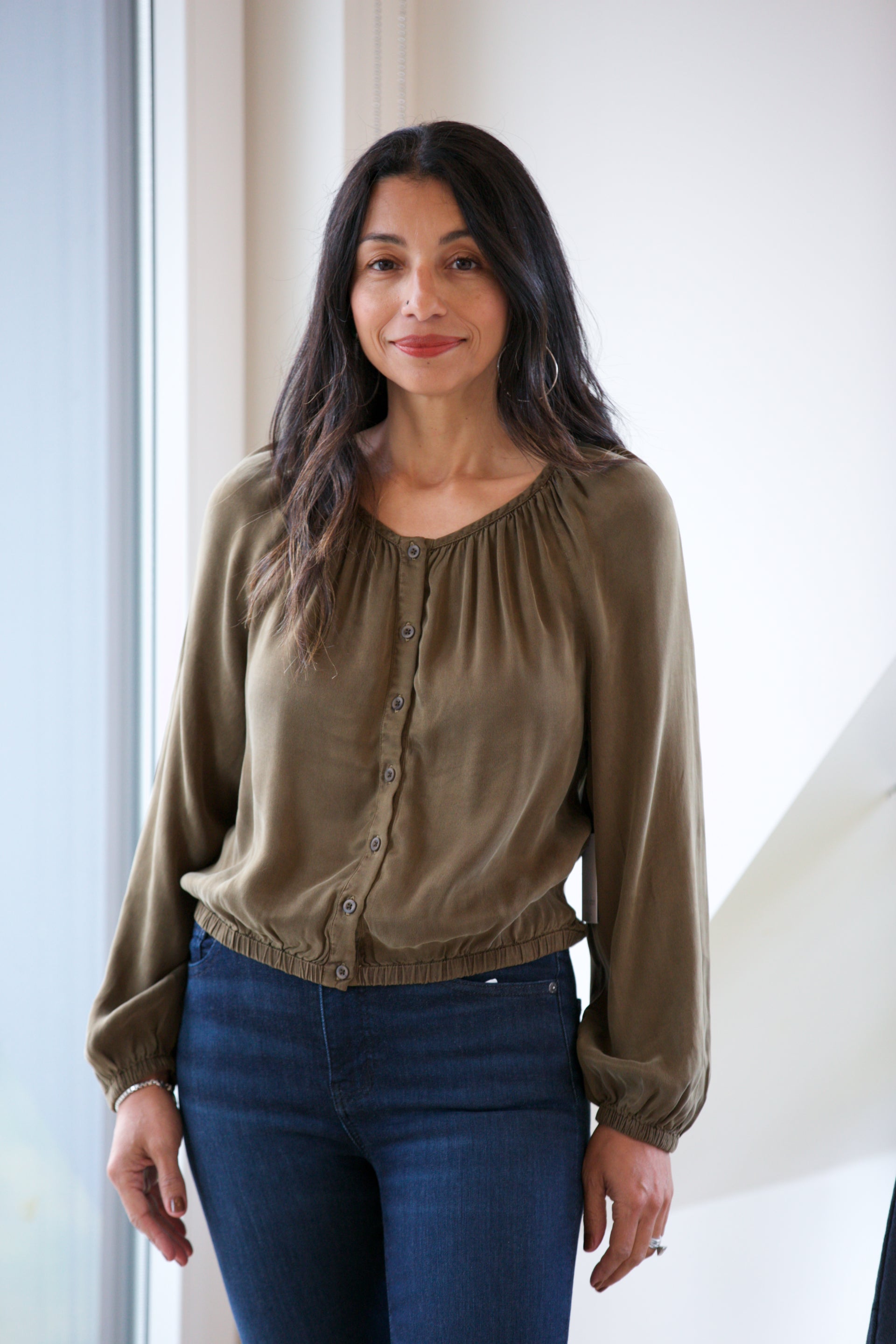 Bella Dahl Shirred Button Front Blouse Autumn Olive