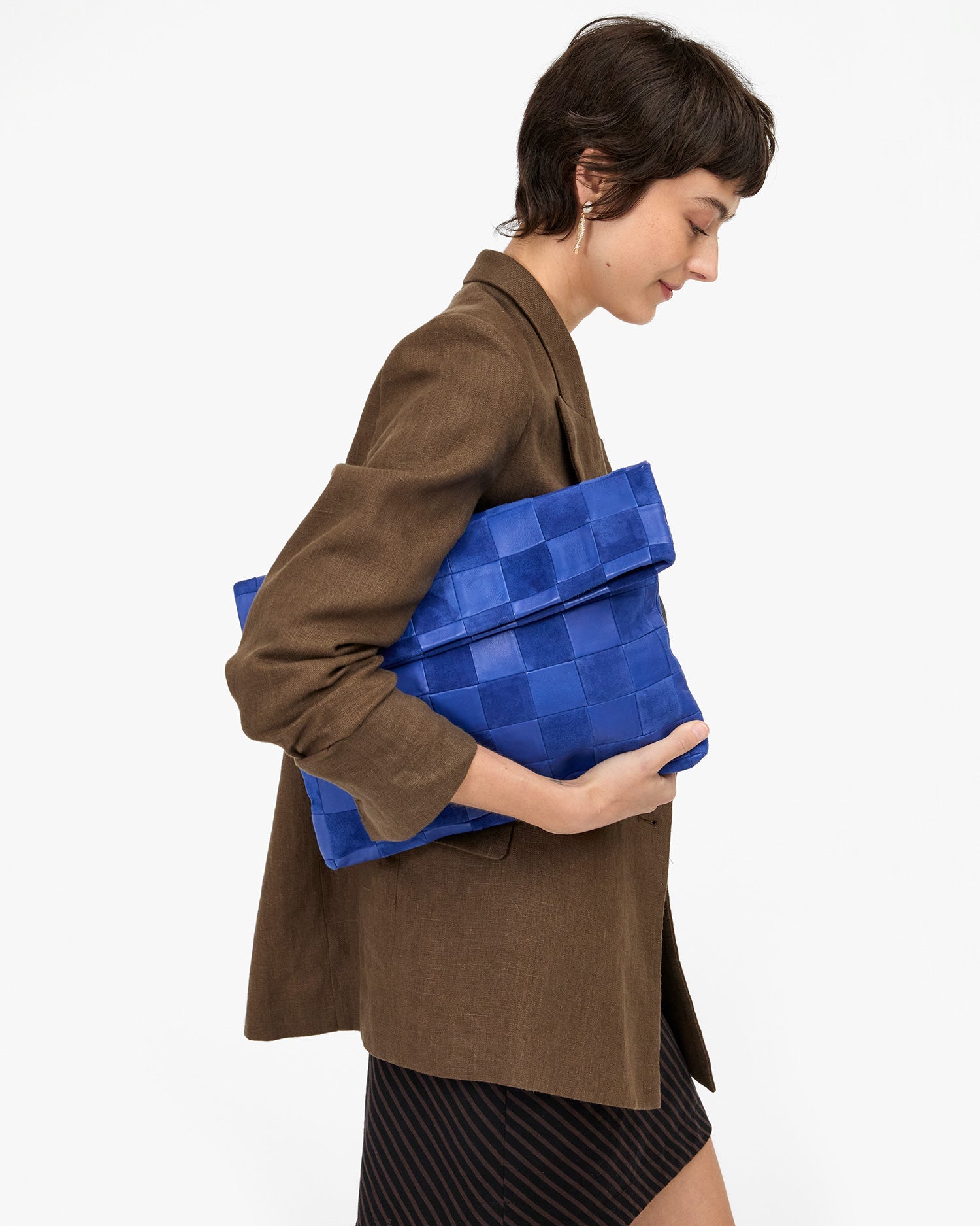 Clare V. Carryall Clutch w/ Tabs - Nappa & Suede Oversized Checker