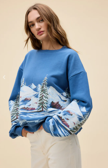 DAYDREAMER Alpine Ski Scene Oversized Crew Sweatshirt
