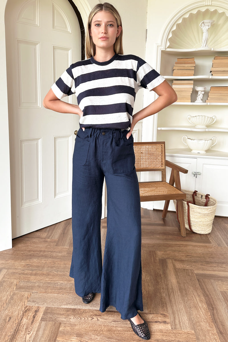 EMERSON FRY Essential Short Sleeve Crew Wide navy Stripe