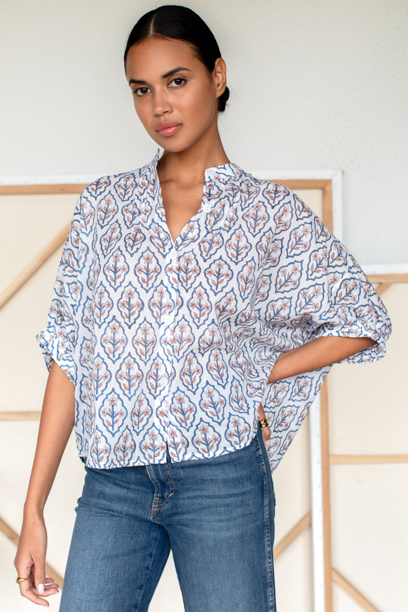 EMERSON FRY Mandarin Collar Top in Blue Portrait Floral