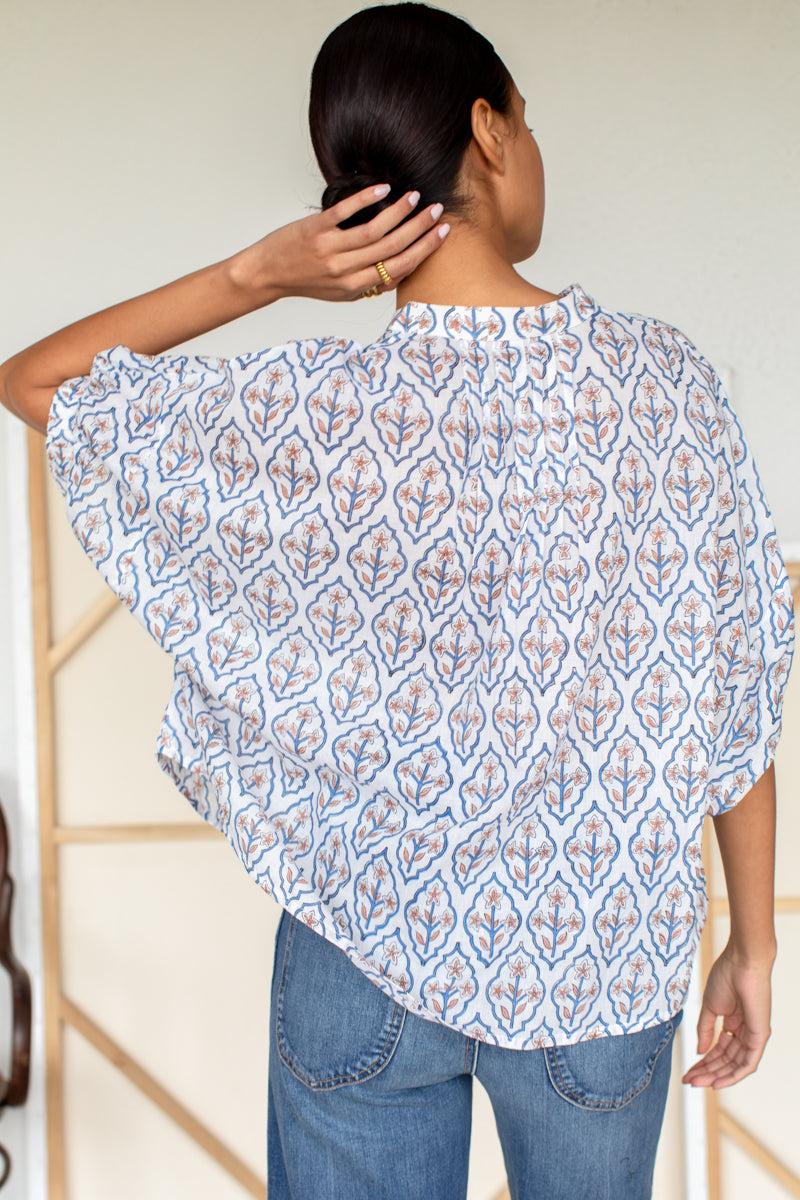 EMERSON FRY Mandarin Collar Top in Blue Portrait Floral