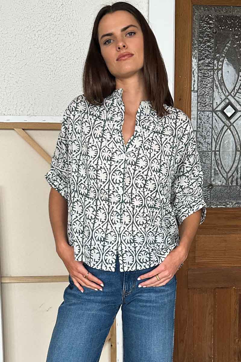 EMERSON FRY Mandarin Collar Top in Etoile Vine Forest Organic