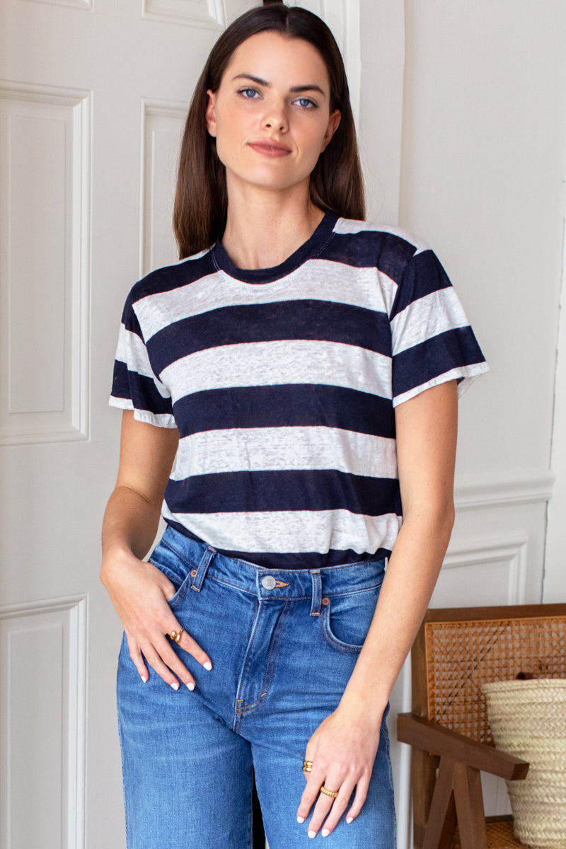 EMERSON FRY Essential Short Sleeve Crew Wide navy Stripe