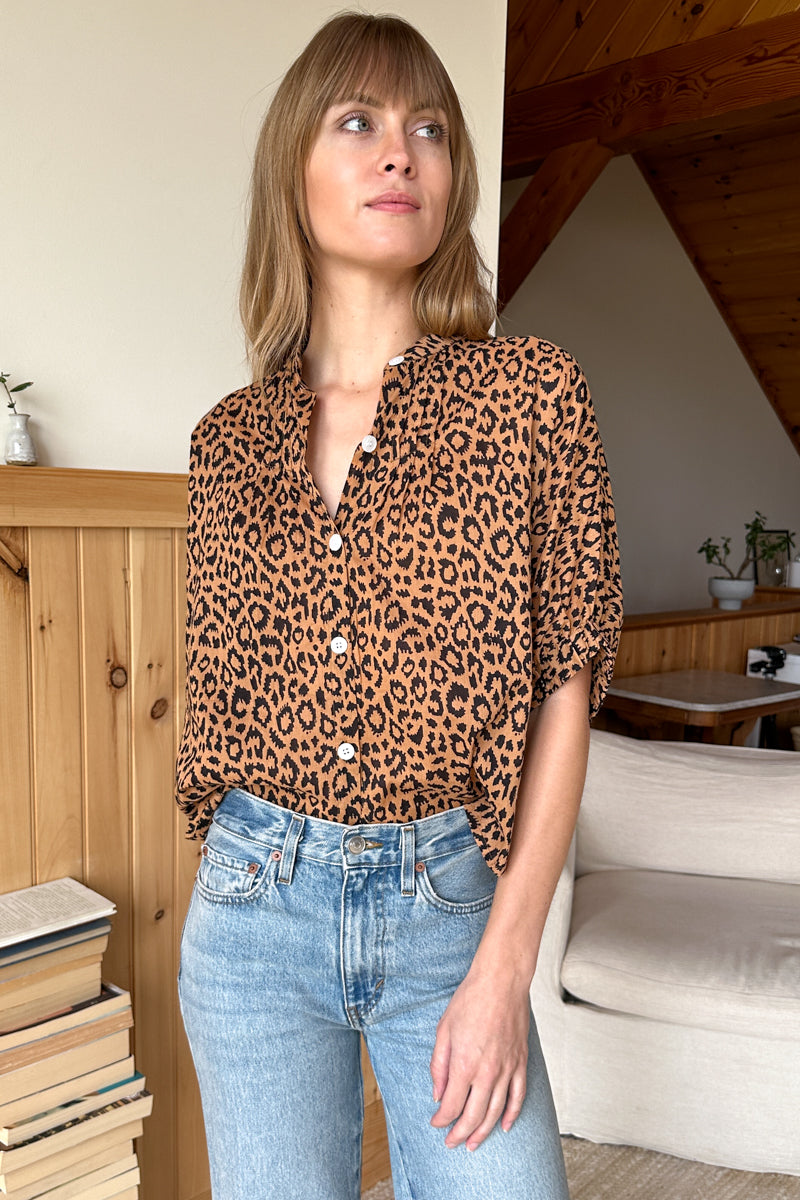 EMERSON FRY Mandarin Collar Top in Vintage Leopard Organic