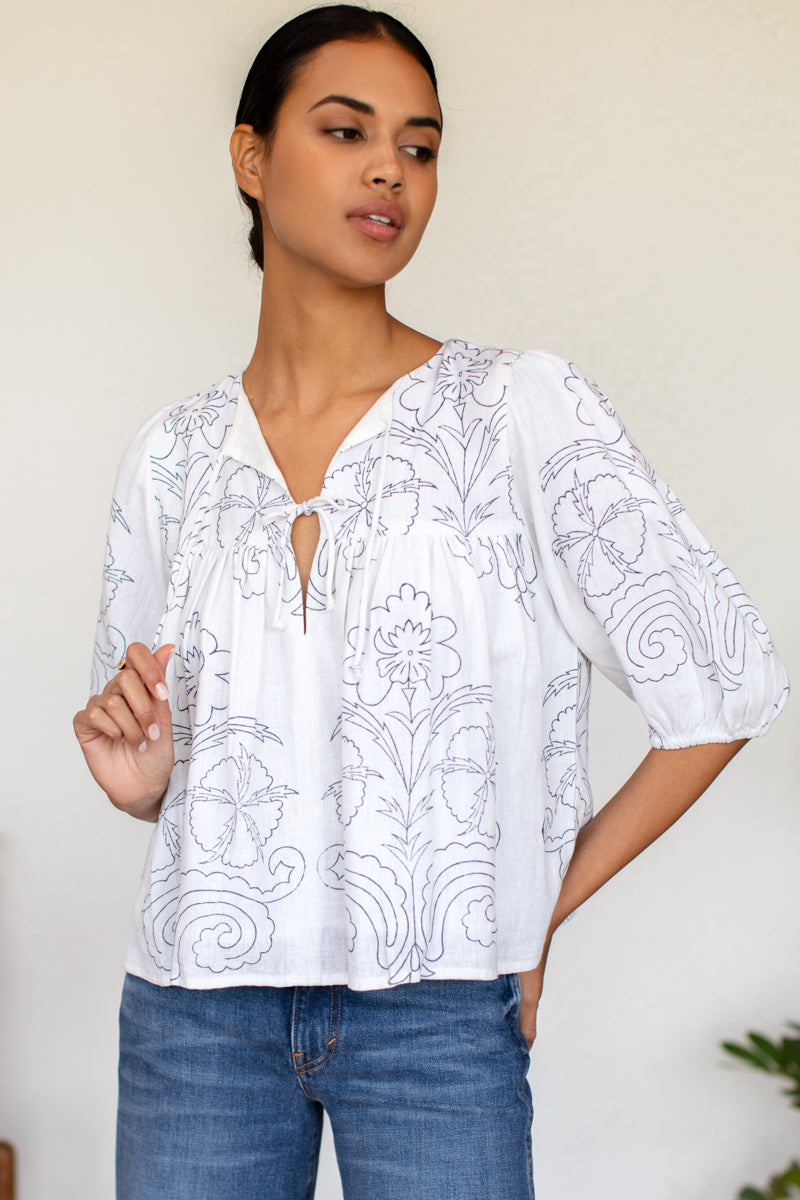 EMERSON FRY Puff Isla Top in Maeve Outline Indigo