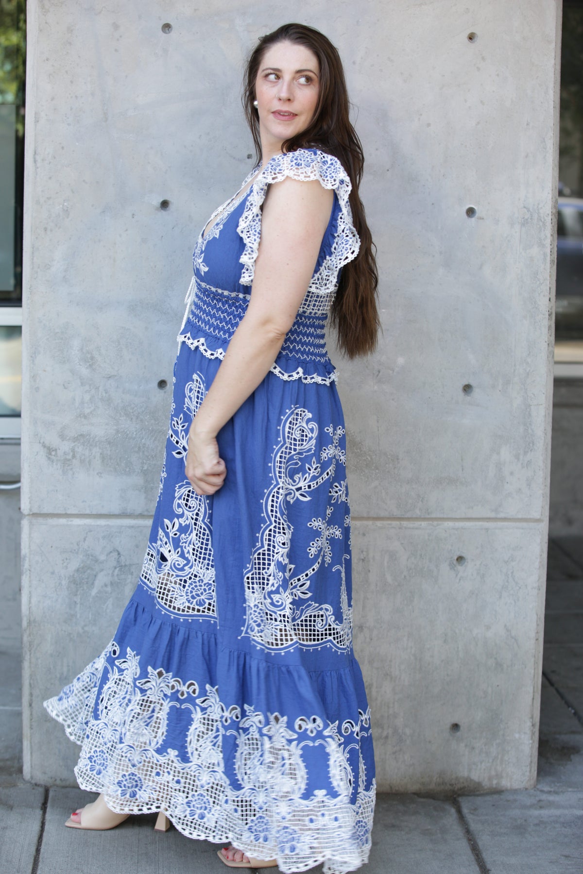 Farm Rio Romantic Richelieu Blue Maxi Dress