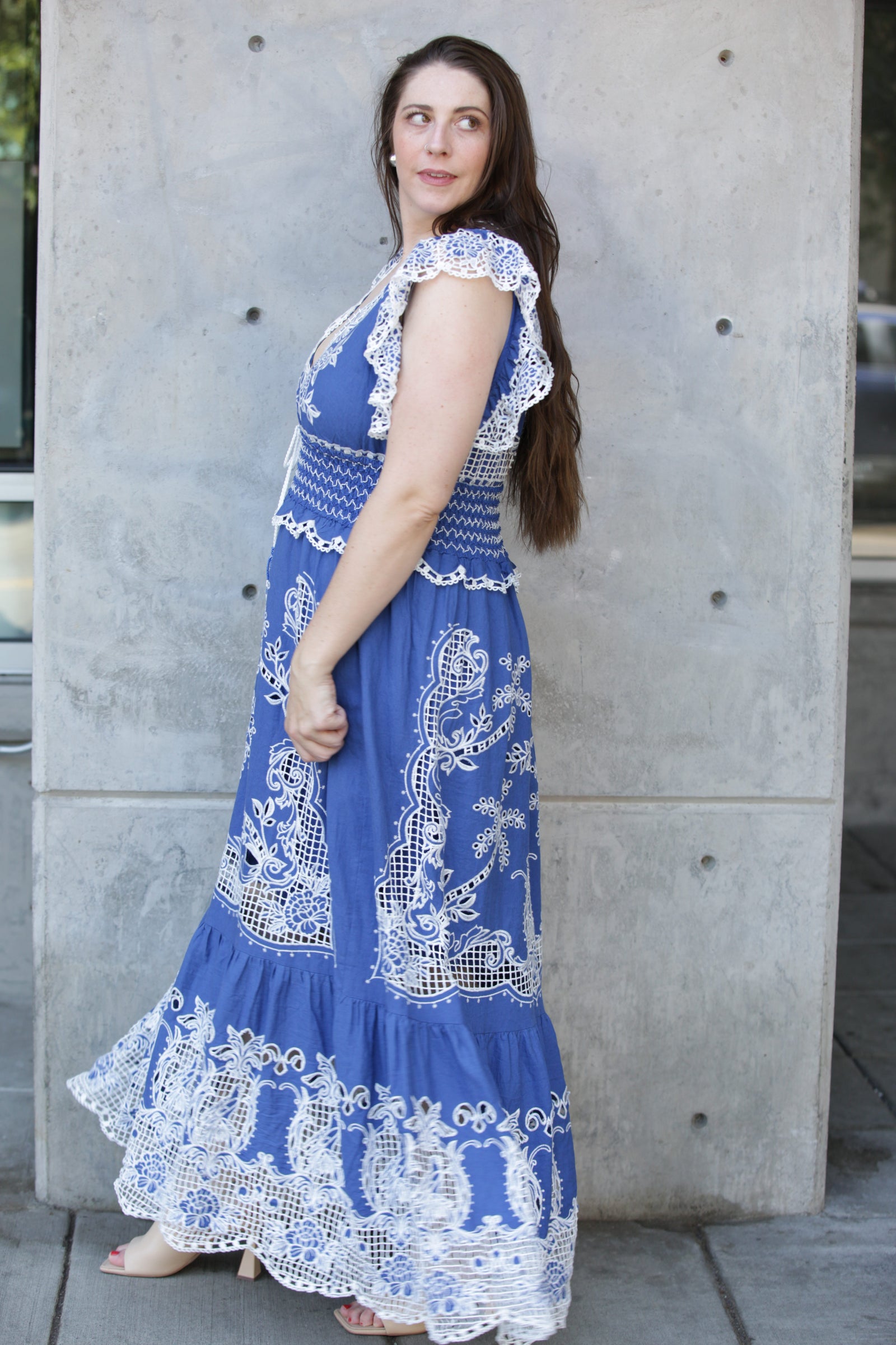 Farm Rio Romantic Richelieu Blue Maxi Dress