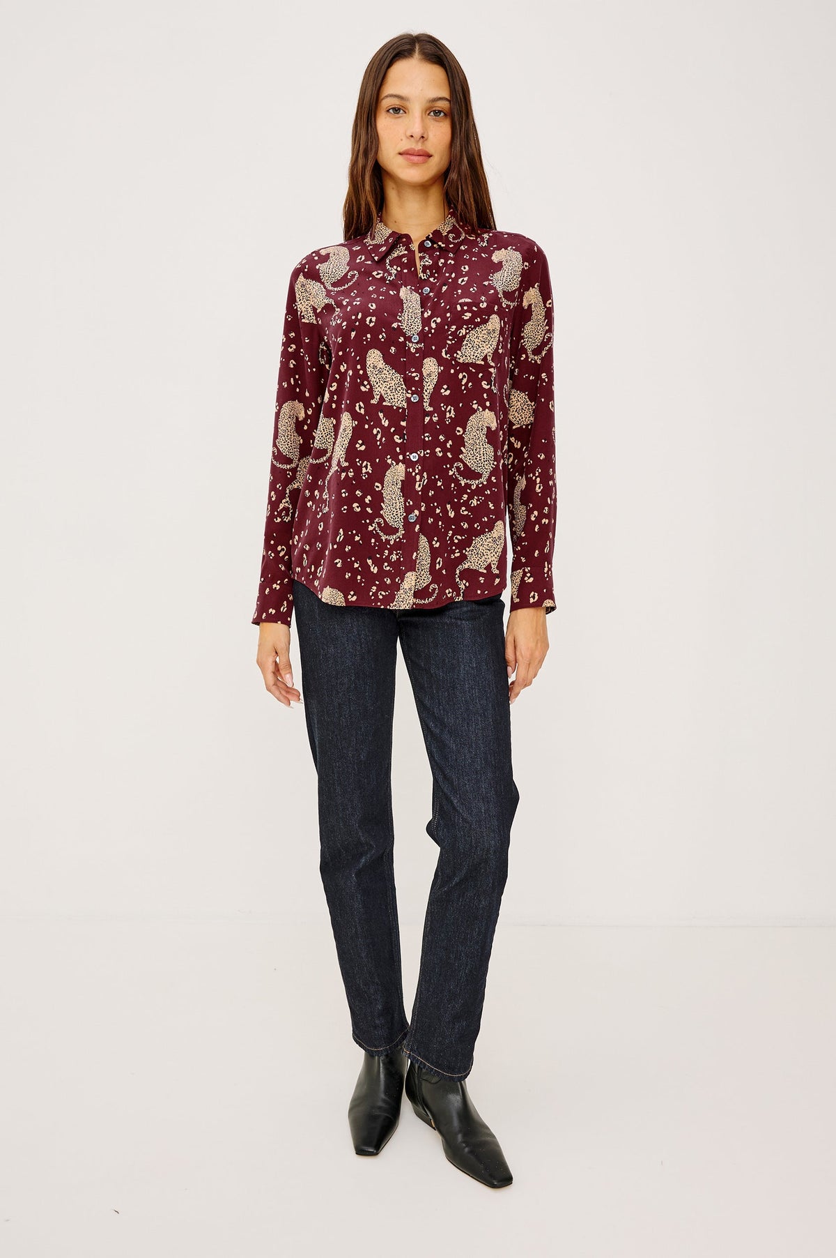 Rails Kate Silk Button Down in Oxblood Leopard