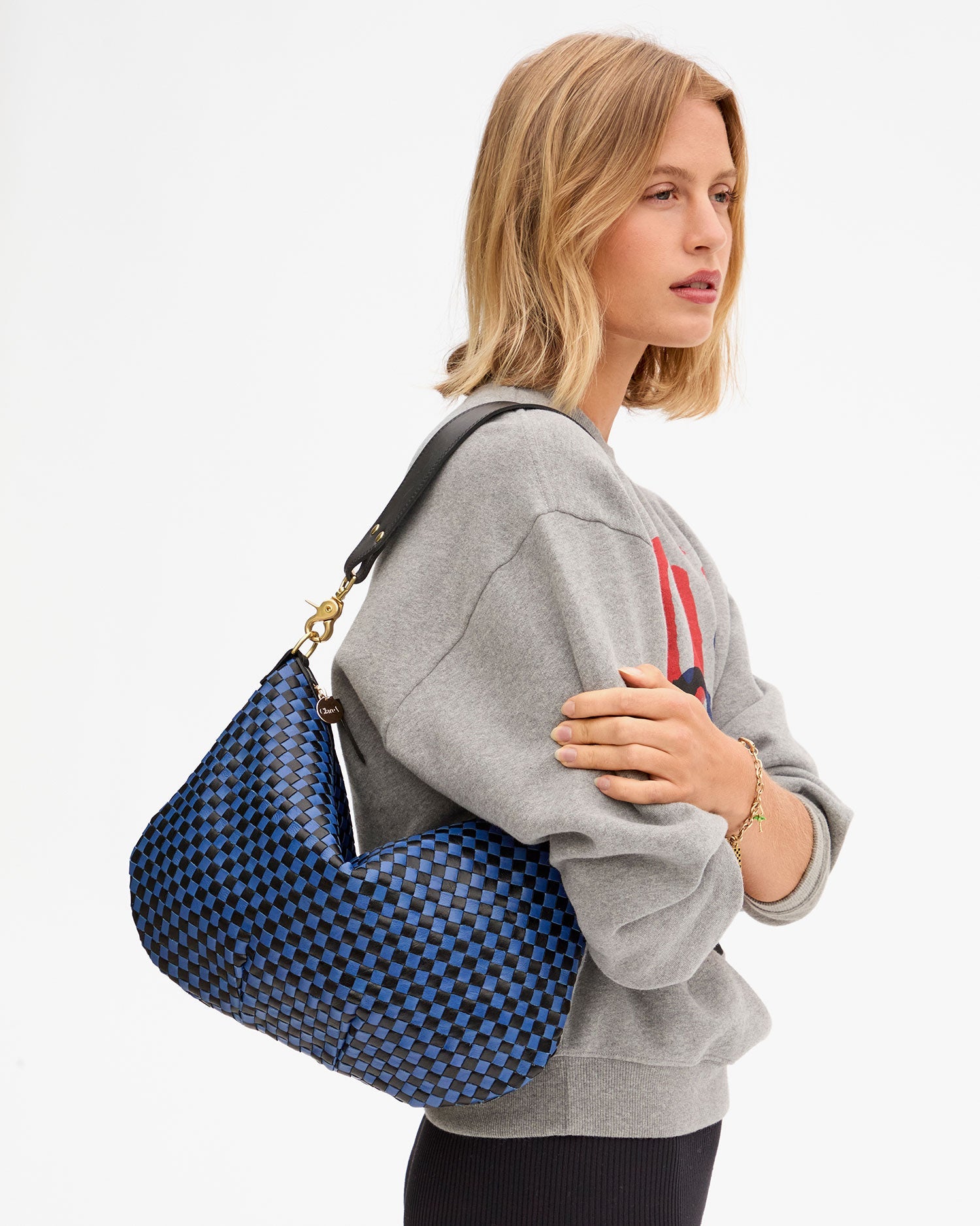 Clare V. Moyen Messenger Woven Checker in Black/Cobalt