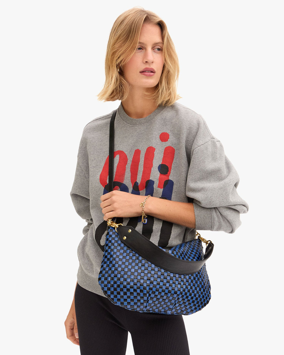 Clare V. Moyen Messenger Woven Checker in Black/Cobalt