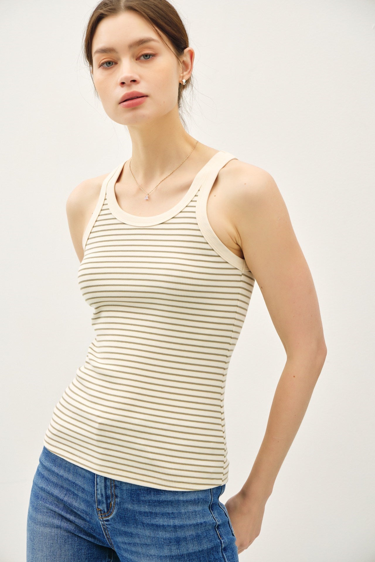 NYLAND Blaire Striped Scoop Neck Tank Olive