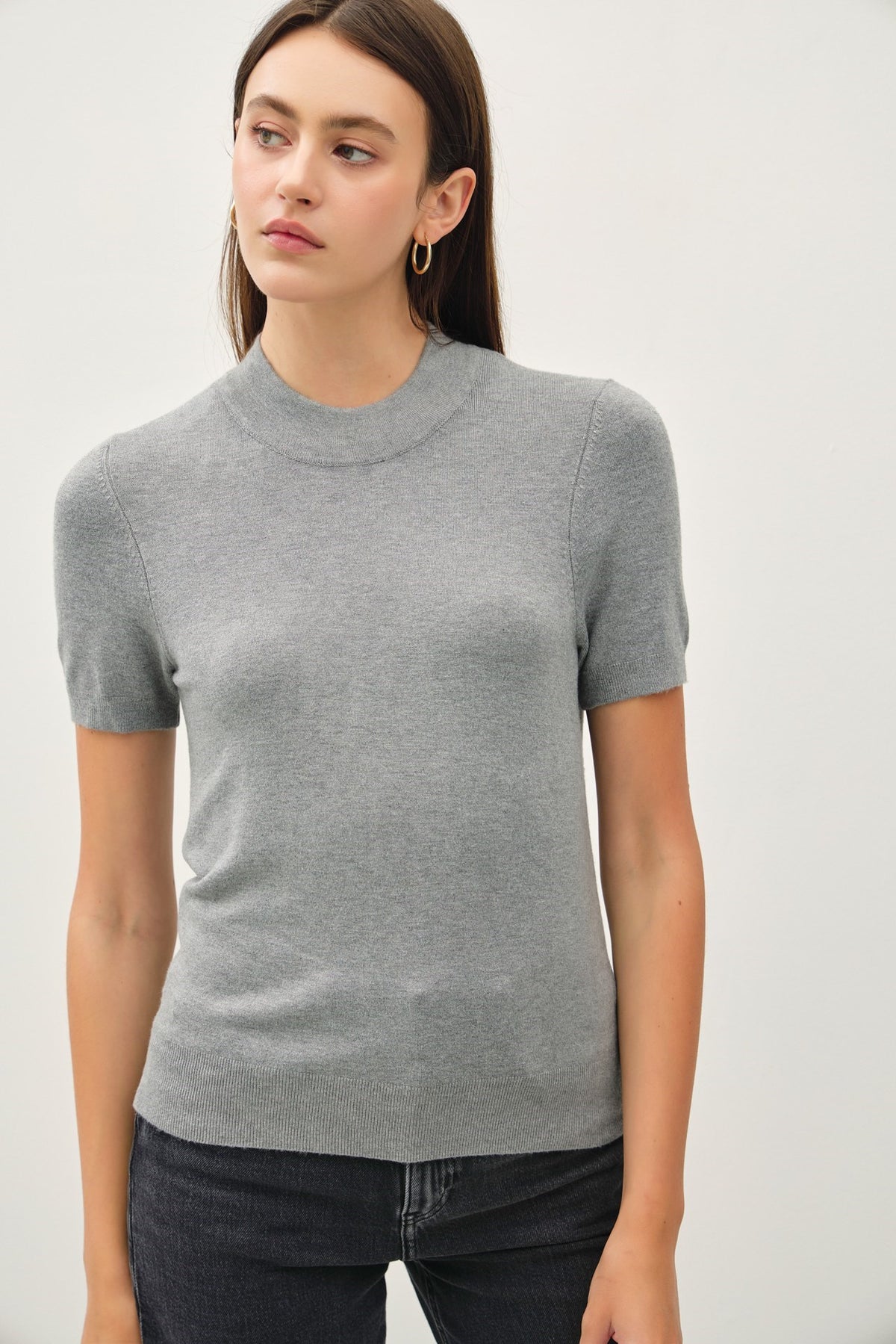 NYLAND Phillis SS Mockneck Knit Sweater Top Heather Grey