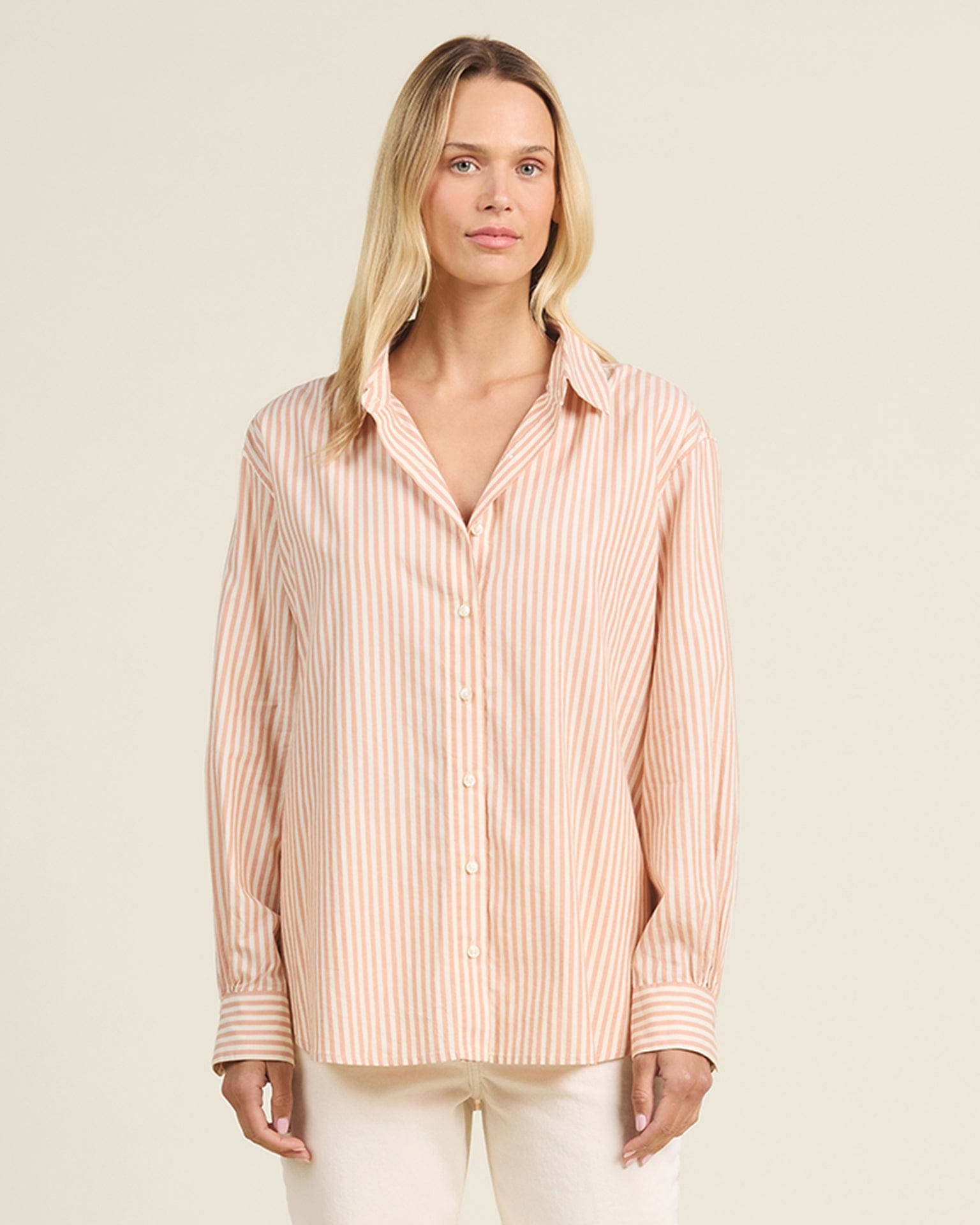 Birds of Paradis by Trovata Emilia Oversized Shirt in Maple Stripe