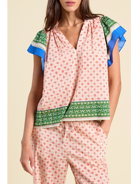 Birds of Paradis by Trovata Clover Blouse in Santorini Border