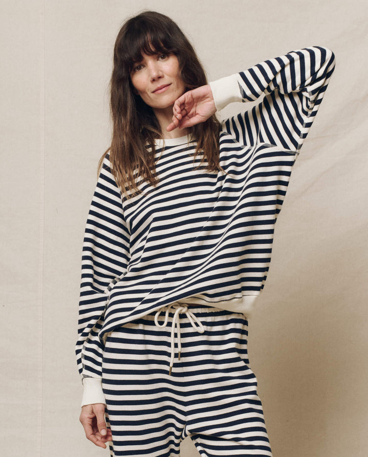 THE GREAT. The College Sweatshirt w/ Navy Sailor Stripe