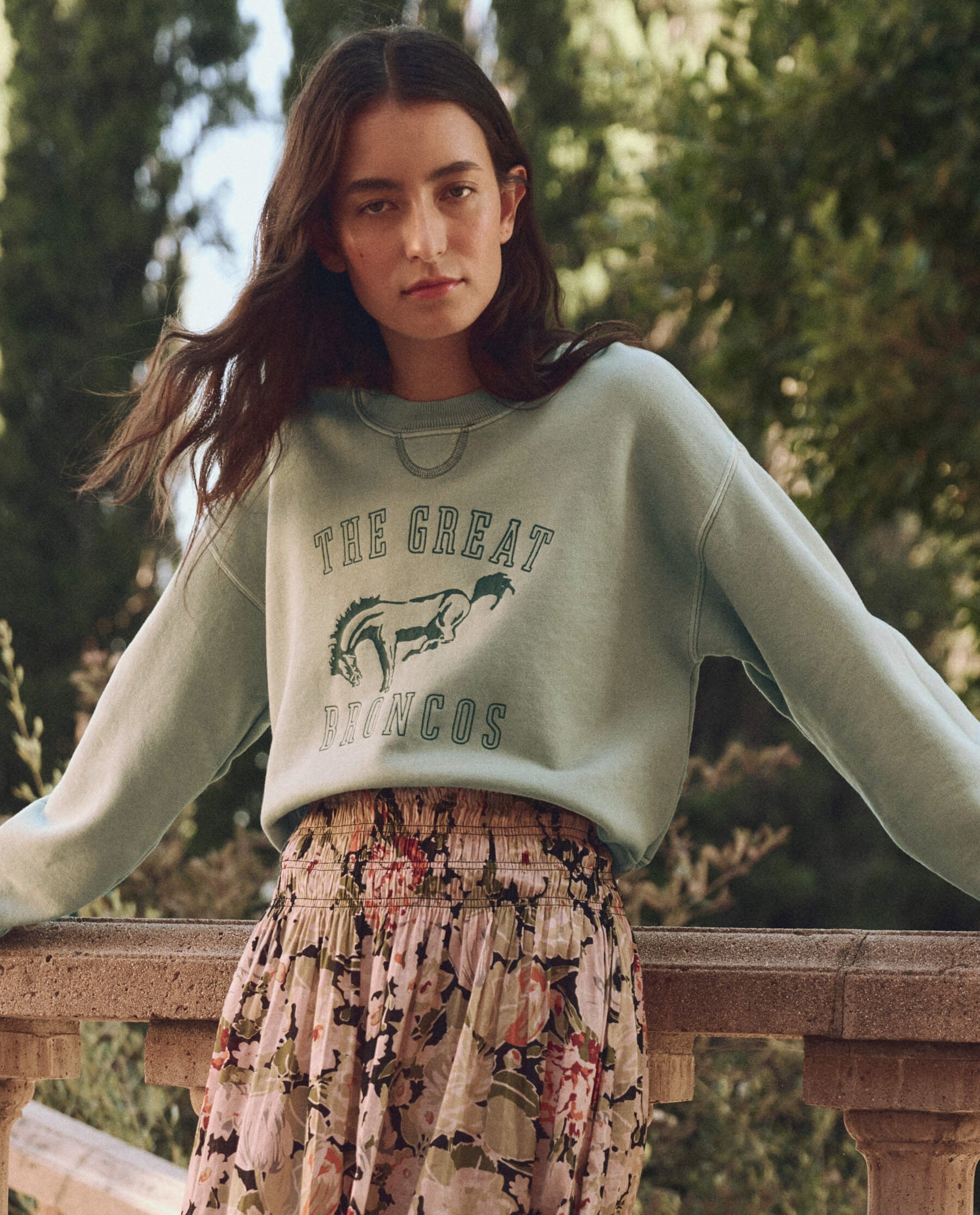 THE GREAT. The League Sweatshirt w/ Bucking Bronco Graphic