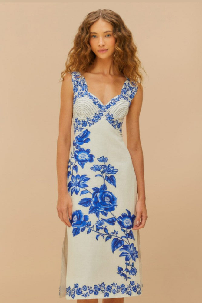 Farm Rio Blue Floral Cascade Off White Wavy Sleeveless Midi